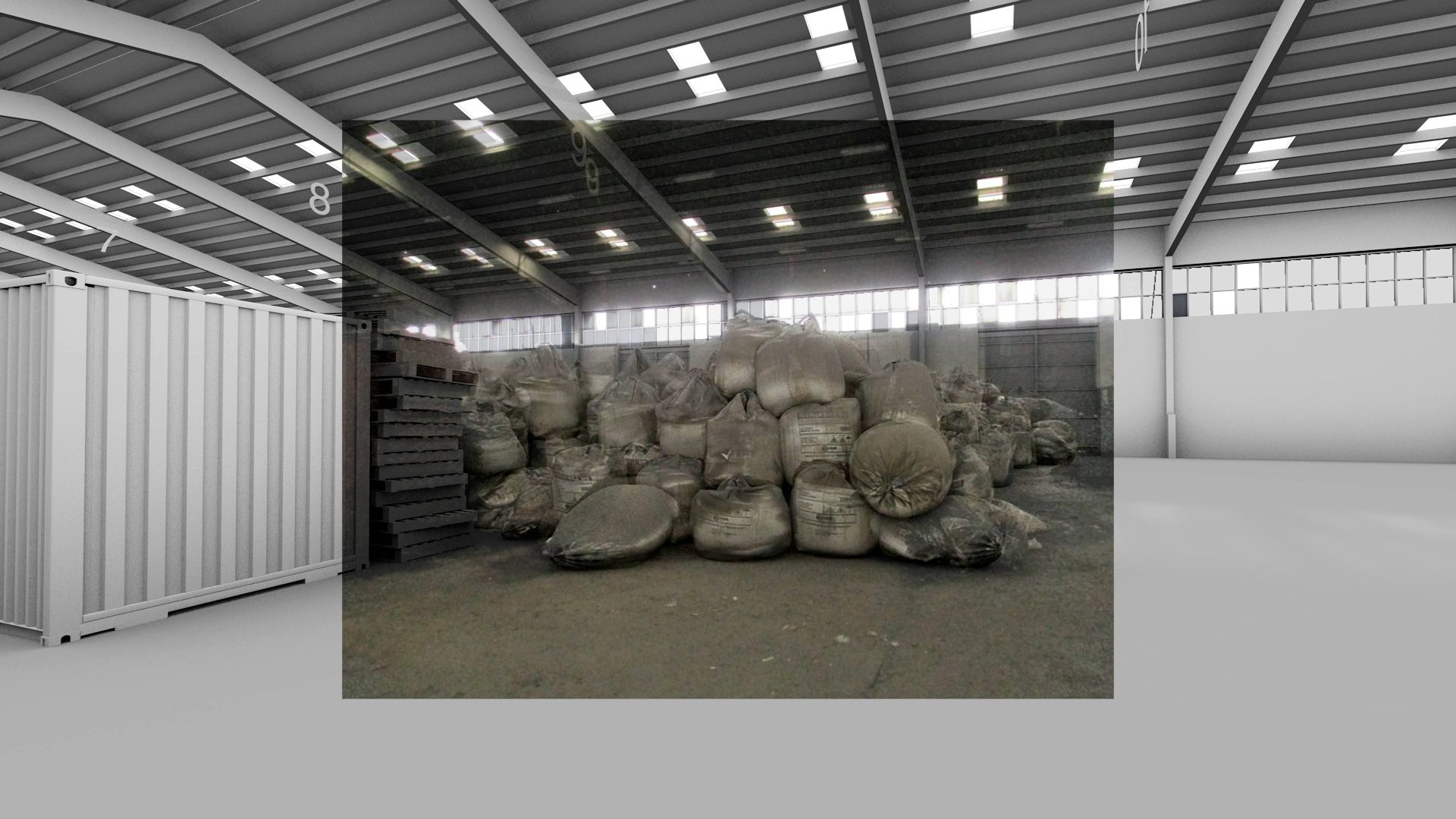 Interior – 2 - Image match of a photograph showing the position of bags of ammonium nitrate within the warehouse overlaid on a 3D model of the warehouse. Original image from anonymous source, January 2020. (Forensic Architecture, 2020)