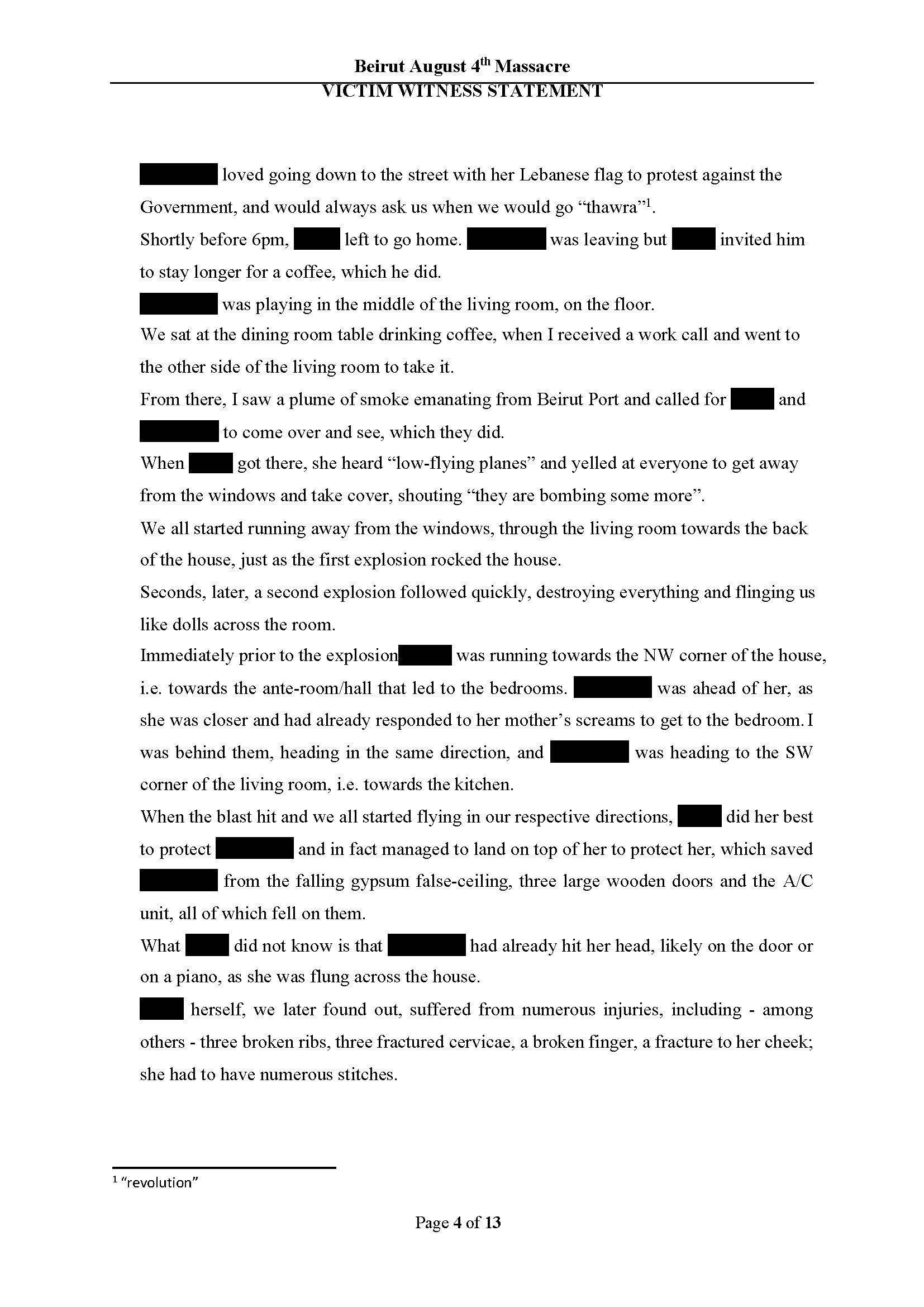 Report – 2 - Witness Statements, extracted from “Report on behalf of victims of the Beirut Explosion 4 August 2020 (Victims of the Beirut August Massacre)”, by Legal Action Worldwide.