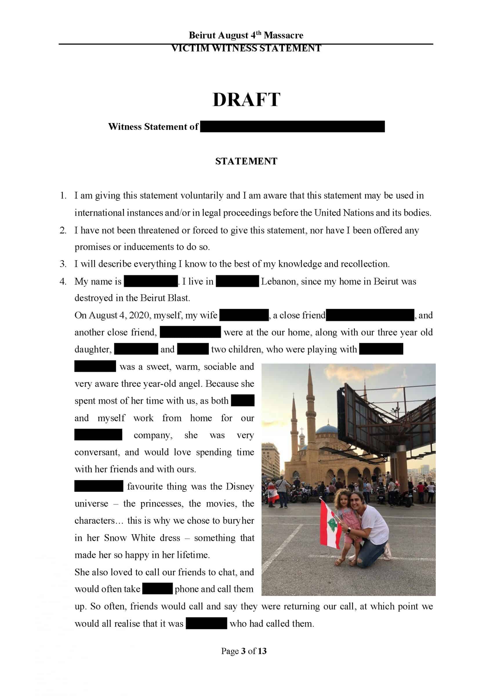 Report – 1 - Witness Statements, extracted from “Report on behalf of victims of the Beirut Explosion 4 August 2020 (Victims of the Beirut August Massacre)”, by Legal Action Worldwide.