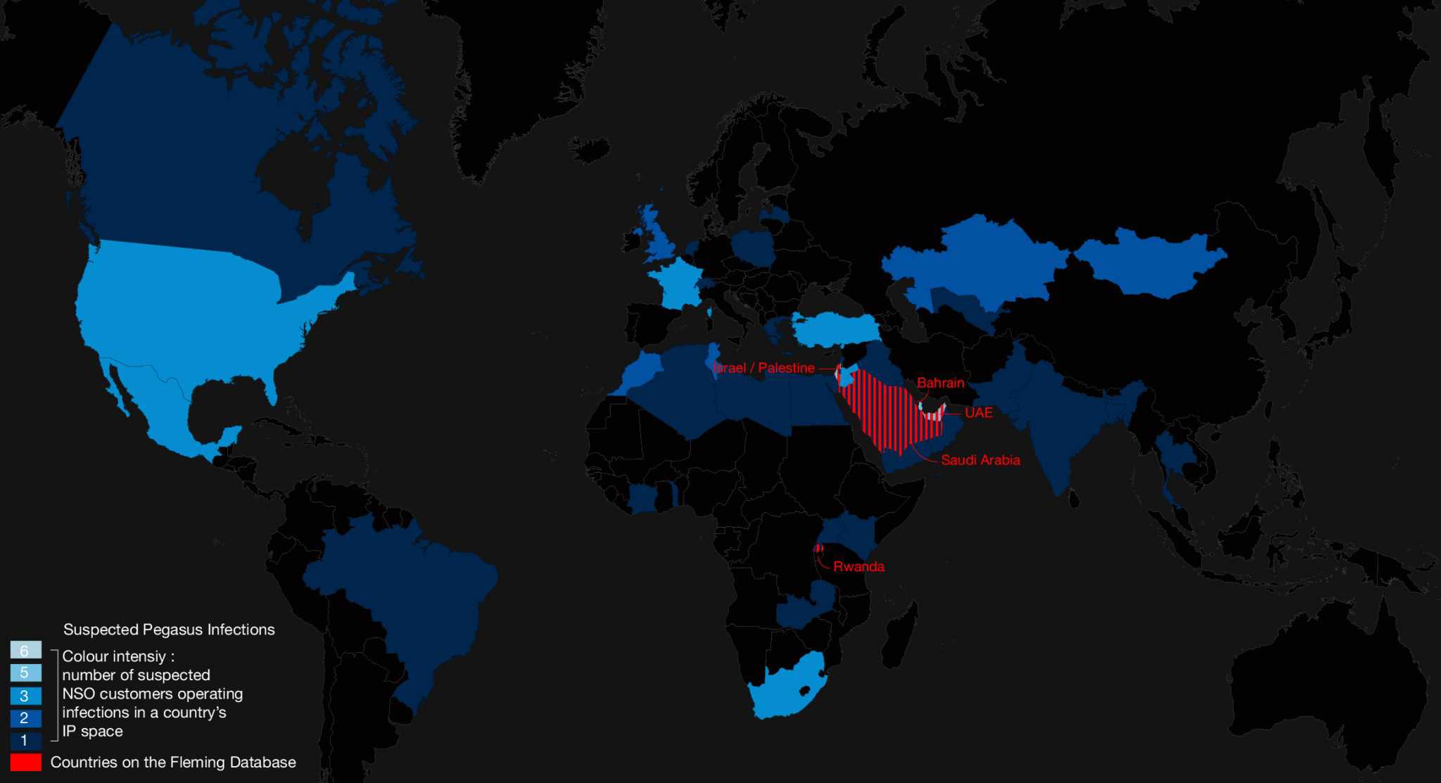 Global Map of Suspected Pegasus Infections and Fleming - Global map of suspected NSO Pegasus infections and Fleming database according to Citizen Lab. (Forensic  Architecture, 2020)