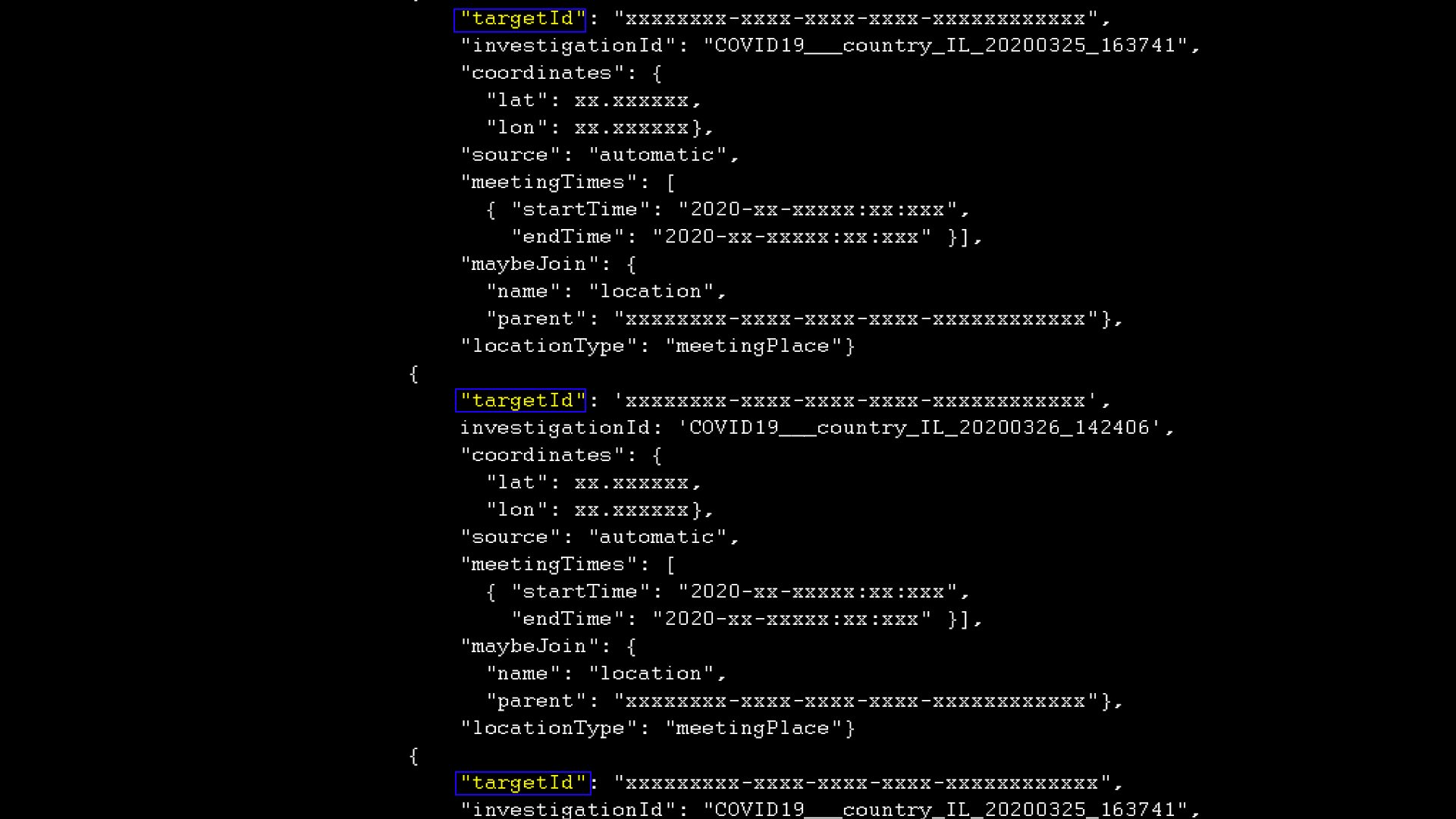 Sample of the Fleming Database - Sample of the Fleming database where the term ‘target’ is used to label the persons whose movements are tracked. (Forensic Architecture, 2020)
