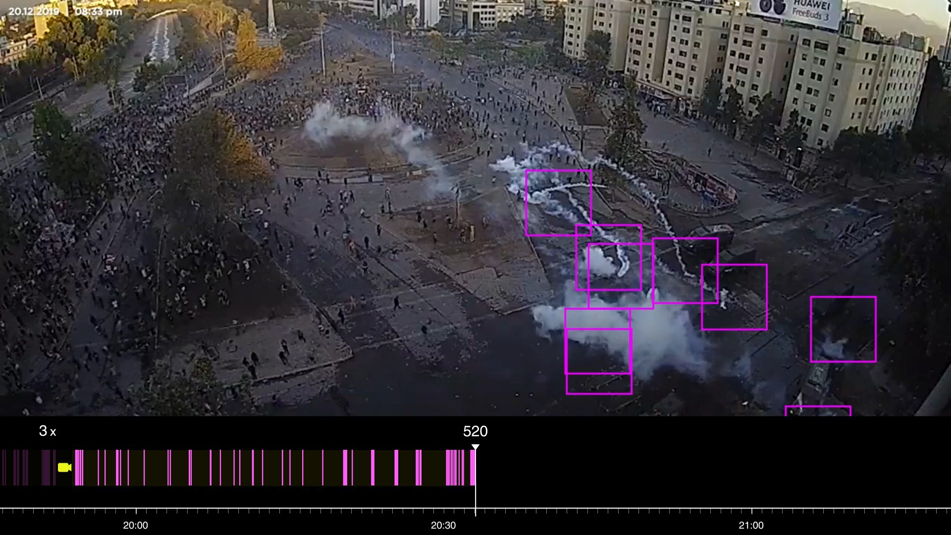image 1-identifying clouds of teargas - The automated system helps identify the exact time and location of visible CS clouds. Analysis of teargas in Plaza de la Dignidad based on footage from Galería CIMA.