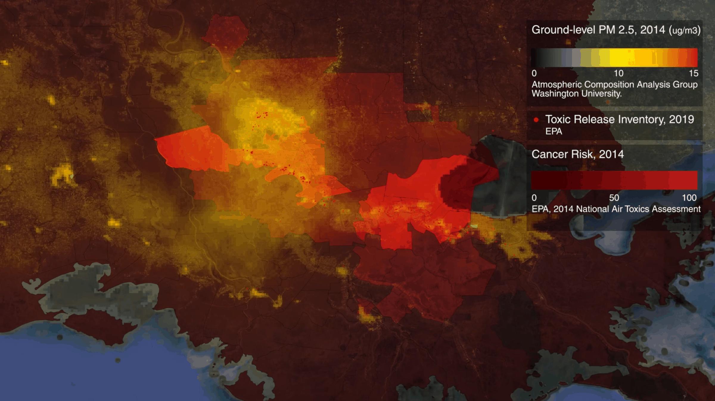 EPA Heat Map - Sites of PM2.5-producing facilities are layered onto a ‘heat map’ showing concentrations of PM2.5 (particulate matter) in the atmosphere, according to a 2014 survey. (Forensic Architecture)