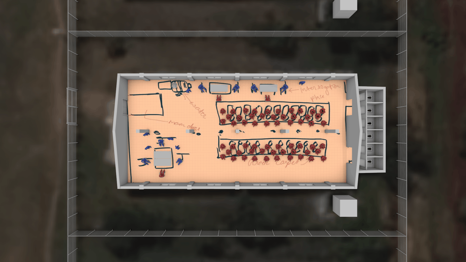 Aerial view of 3D model with witness drawing - Perspective plan of the Shwepyitha detention centre, with a witness's drawing overlaid (Forensic Architecture, 2021)