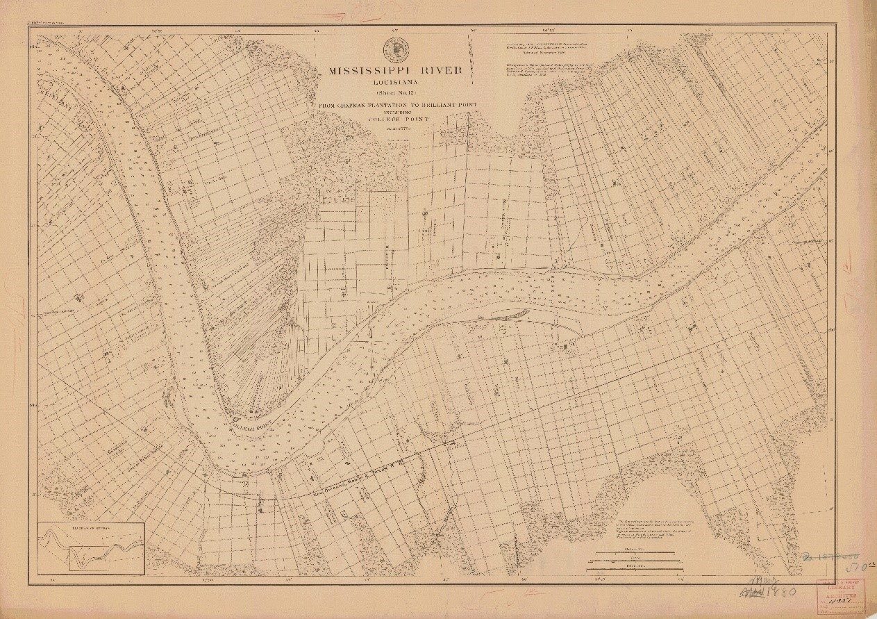 Sheet no. 12, USCS 1878 - Sheet no. 12, titled "Mississippi River, Louisiana, from Chapman Plantation to Brilliant Point", from the USCS 1878 series. Not for reproduction.