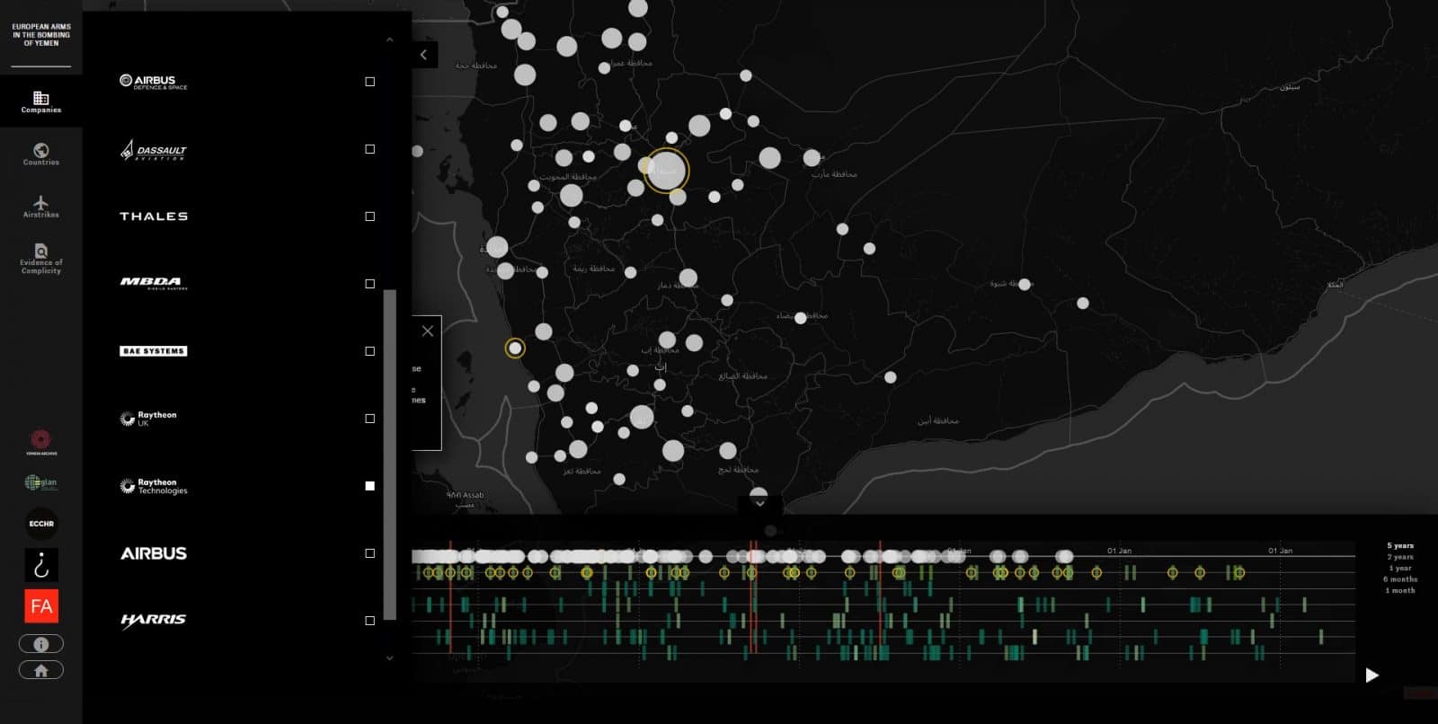 FA Yemen Airstrikes Platform – Companies - The platform allows visitors to trace links between a number of European companies dealing in the export of arms and other military equipment, and coalition-led airstrikes in Yemen (Forensic Architecture, 2021)