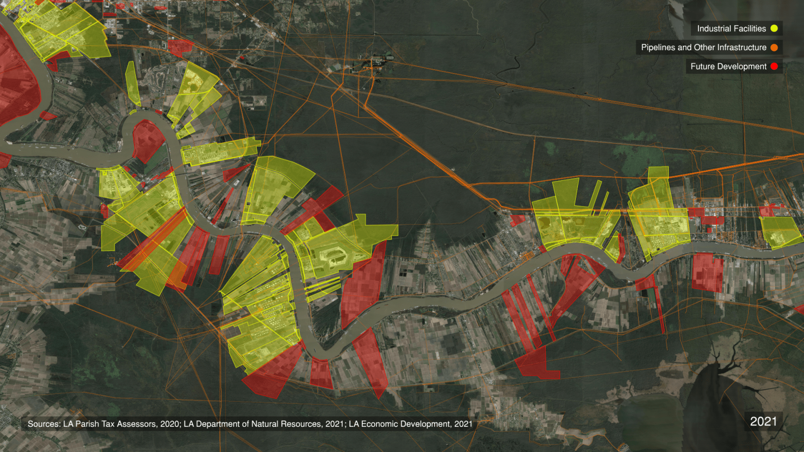 Industrial-expansion - Multiple layers of public data reveal the ongoing sell-off of land along Death Alley, including residential land that is home to ‘fenceline’ communities. (Forensic Architecture)