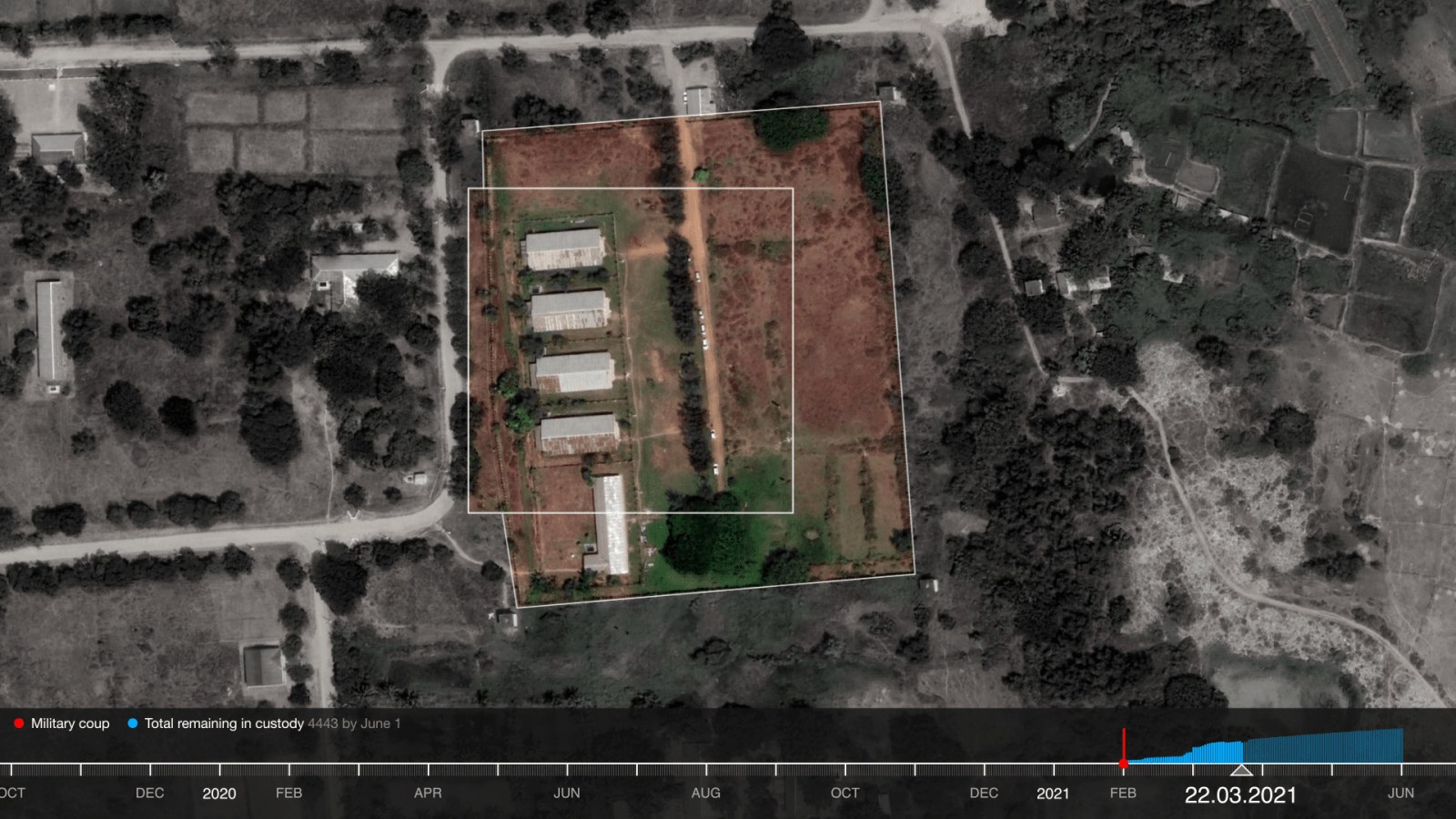 Satellite imagery of Shwepyitha detention centre - Satellite imagery of the Shwepyitha detention centre on the 22nd of March 2021 (Forensic Architecture, 2021)