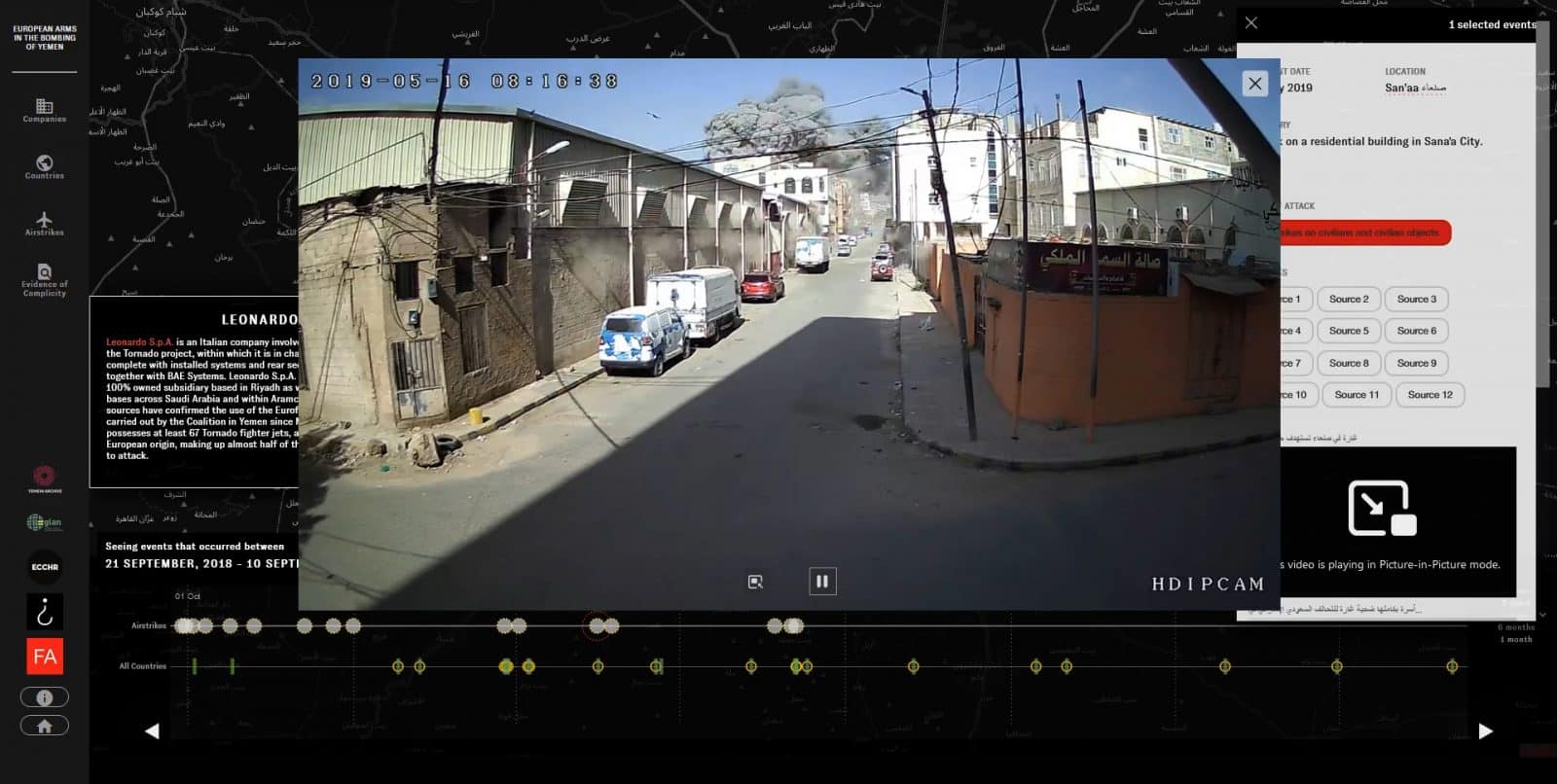 Yemen Airstrikes Platform – Sana’a City - Within the platform, users can view video evidence relating to airstrikes, such as this strike in Sana'a City (Forensic Architecture, 2021)