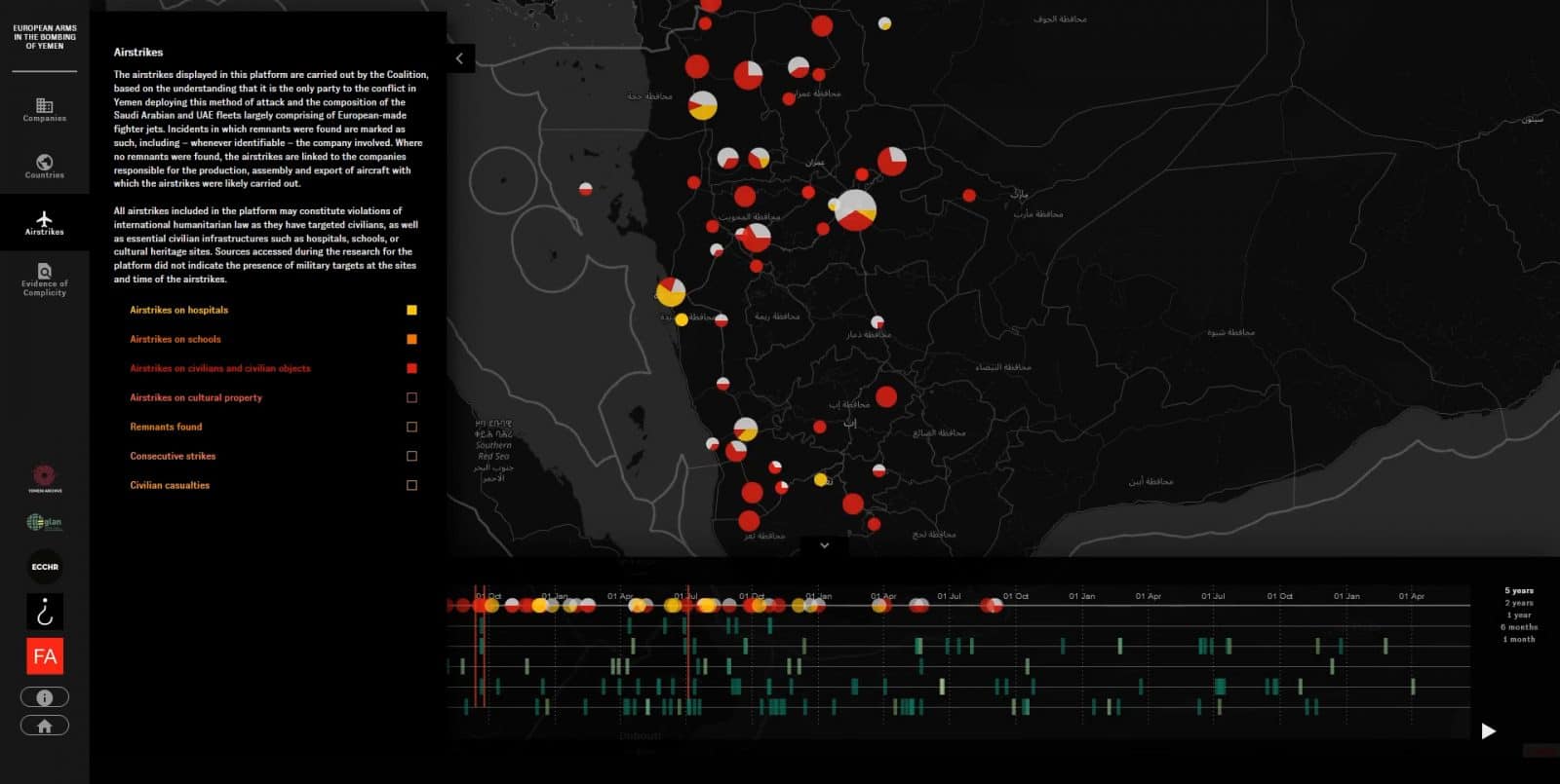 Yemen Platform – Airstrike Filters - The platform allows visitors to filter the targets of coalition-led airstrikes according to types of infrastructural damage, casualties, and identifying remnants left behind (Forensic Architecture, 2021)