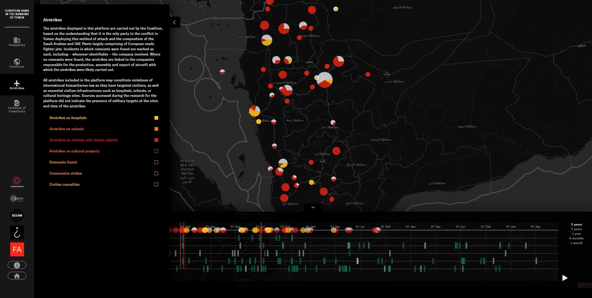Yemen Platform – Airstrike Filters - The platform allows visitors to filter the targets of coalition-led airstrikes according to types of infrastructural damage, casualties, and identifying remnants left behind (Forensic Architecture, 2021)