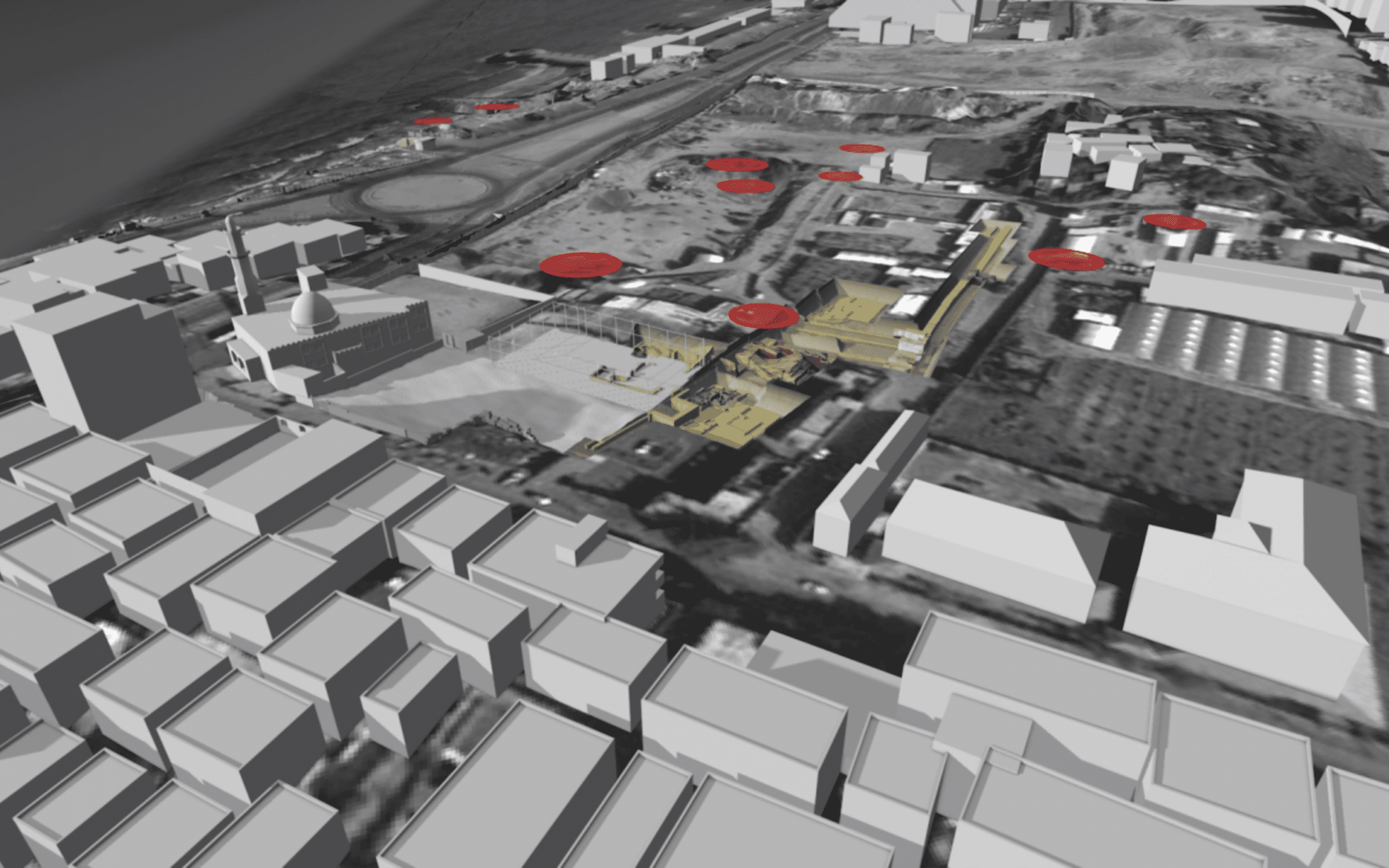 Gaza Arch_Image 1 - Fig. 8 - The red circles indicate evidence of damage on or near the site. Image: Forensic Architecture, 2022. Satellite Image: © CNES (2018), Distribution Airbus DS/Spot Image