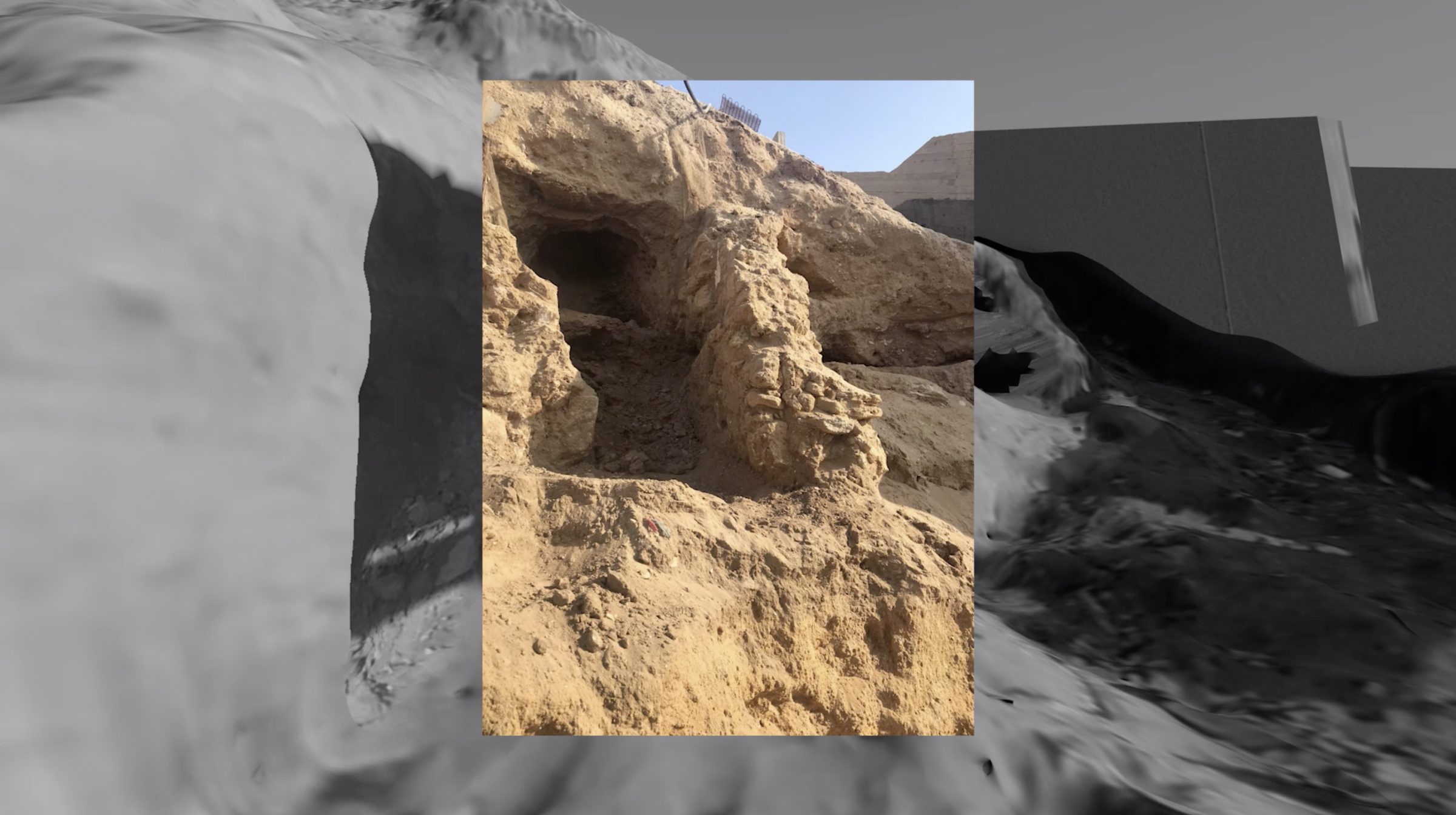  - Fig. 9: Exposed archaeological remnants located within a 3D model of the coastline. External image source: Hazem Balousha, Gaza, 24 October 2018. (Forensic Architecture, 2022)