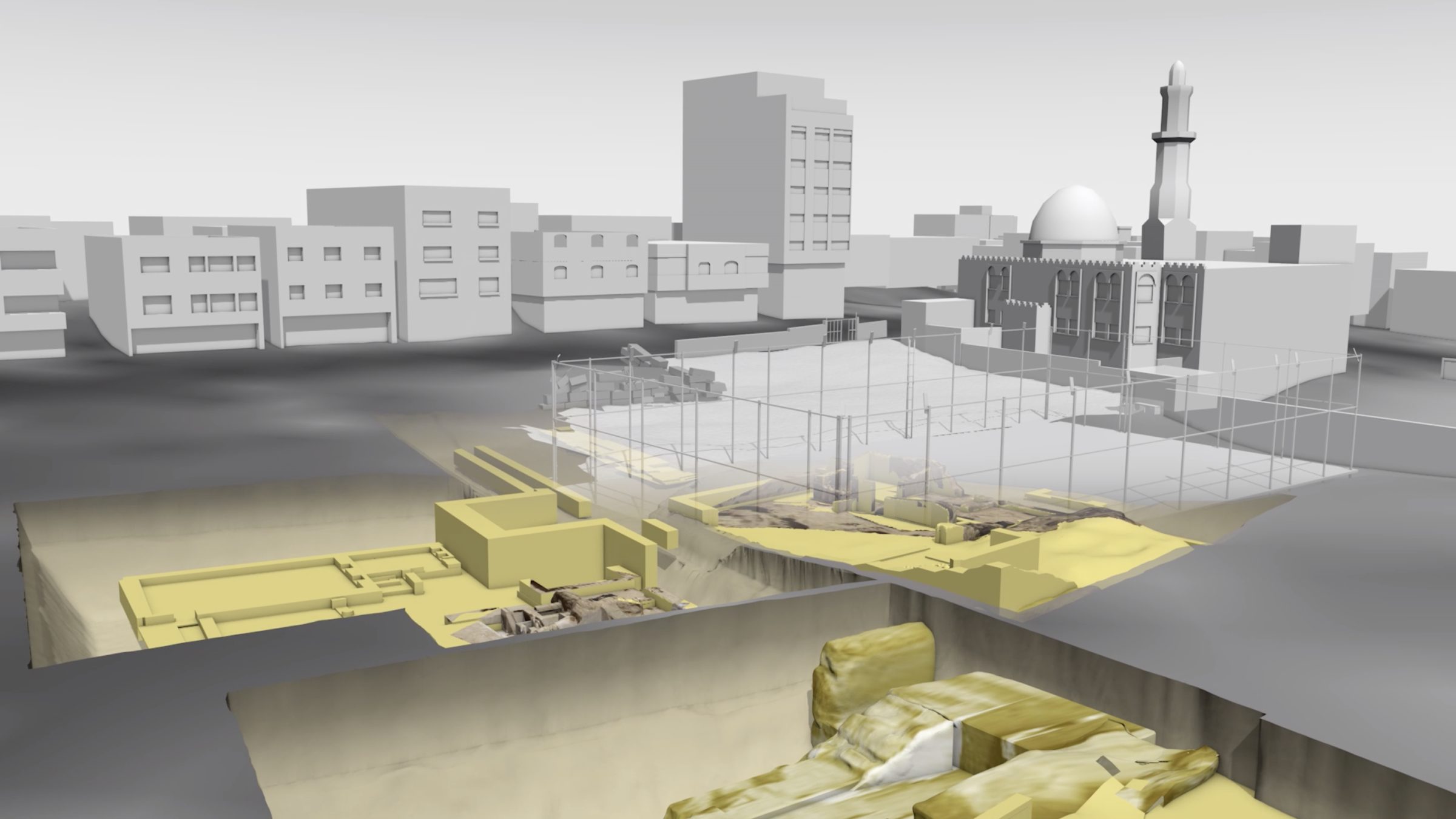  - Fig. 25: 3D model showing the layers of the archaeological site, from ancient past to present. A mosque and public sports facilities can be seen on the right, built on top of the site. (Forensic Architecture, 2022)