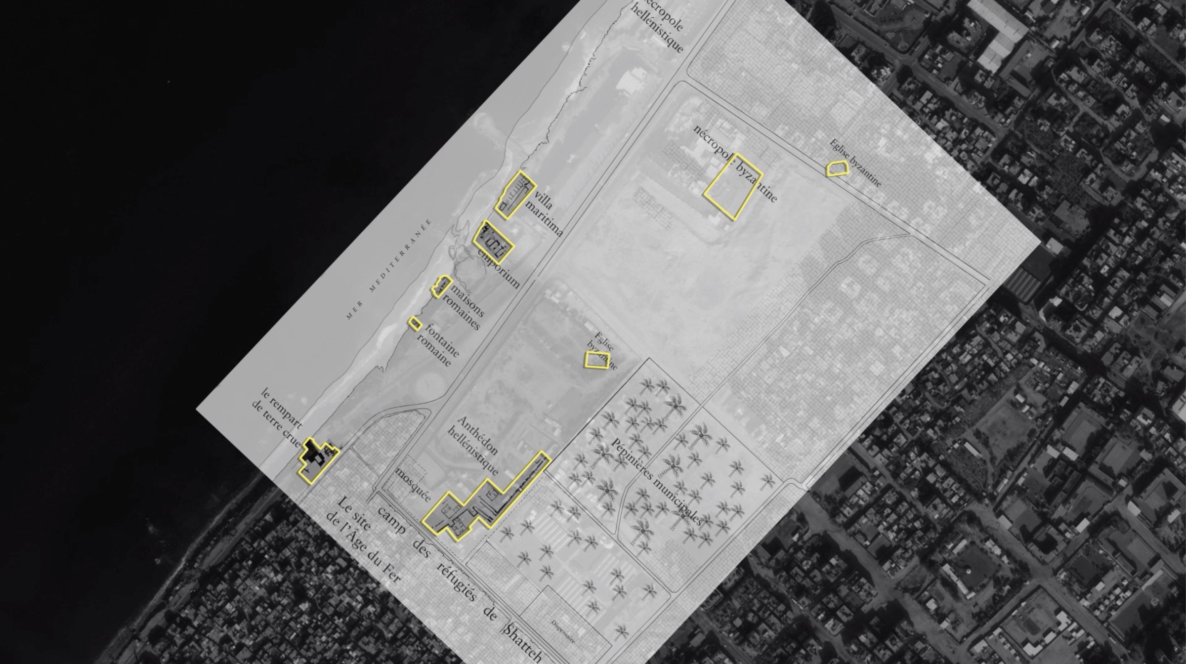  - Fig. 15: The main survey plan made by the archaeological team overlaid on a satellite image of contemporary Gaza. Survey plan: École Biblique, Mission Archéologique de Gaza: Coopération Franco-Palestinienne 1995-2005, p. 29, fig. 1; Satellite image: © CNES (2018), Distribution Airbus DS/Spot Image. (Forensic Architecture, 2022)