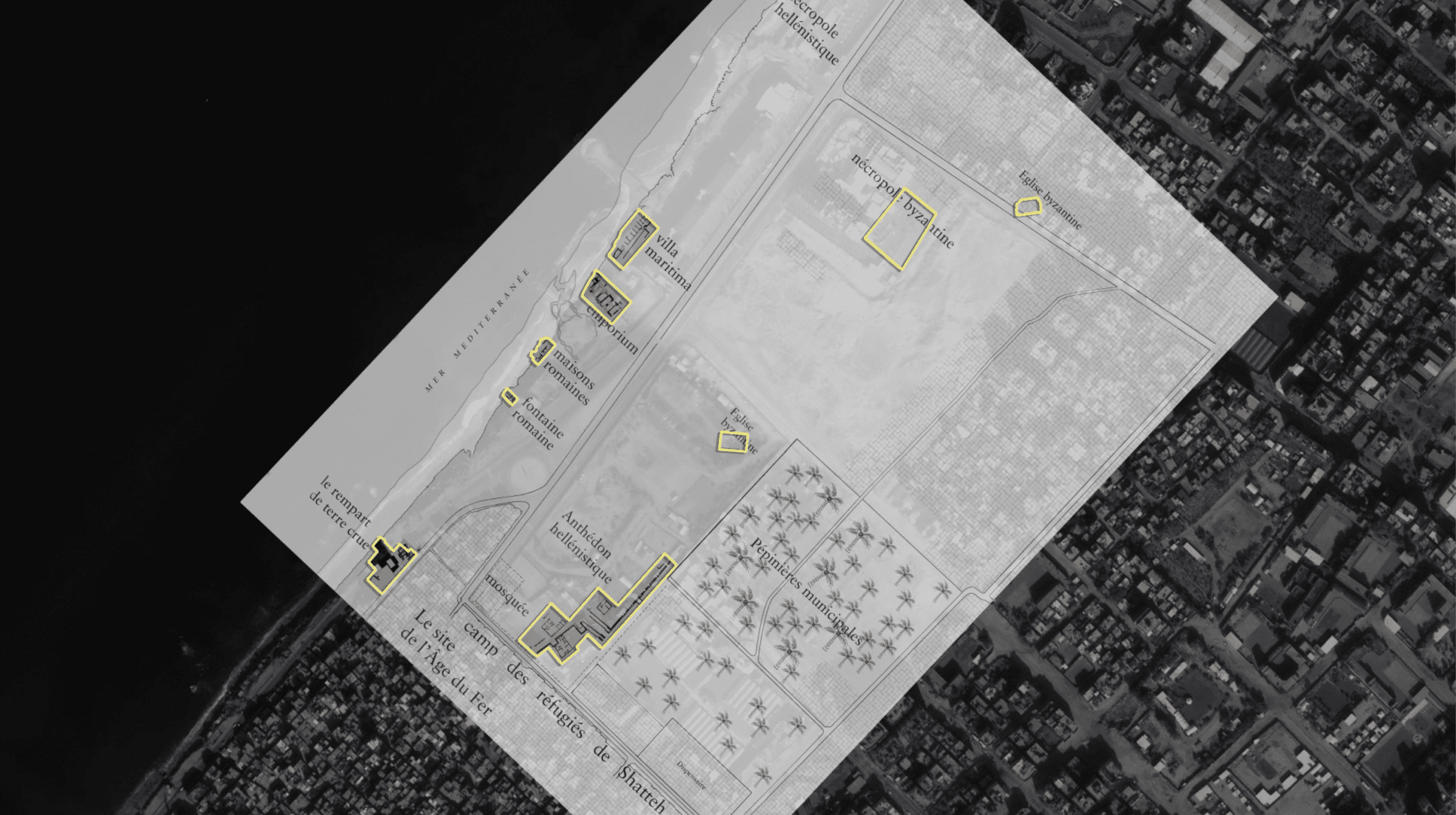 Gaza Arch_Image 15 - Fig. 15 - The main survey plan made by the archaeological team overlaid on a satellite image of contemporary Gaza. Image: Forensic Architecture, 2022; Survey plan by École Biblique, Mission Archéologique de Gaza: Coopération Franco-Palestinienne 1995-2005, p. 29, fig. 1; Satellite image © CNES (2018), Distribution Airbus DS/Spot Image