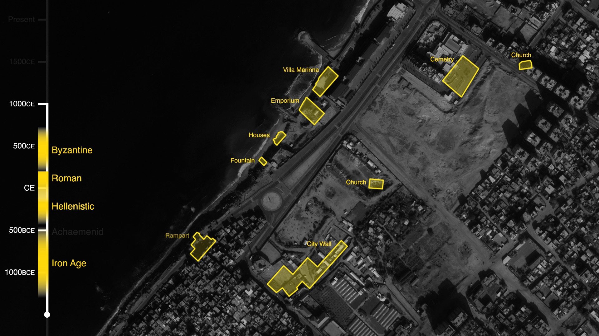  - Fig. 1: Map indicating the extent of the excavations undertaken from 1995-2005. Satellite Image: © CNES (2018), Distribution Airbus DS/Spot Image. (Forensic Architecture, 2022)