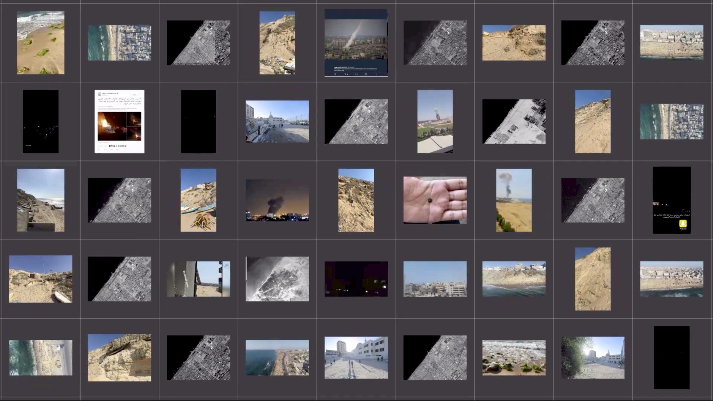  - Fig. 11: Media grid showing research materials – including footage from site visits, social media posts, satellite images, and contemporary drone surveys – used to undertake an open source archaeology of the site. (Forensic Architecture, 2022)