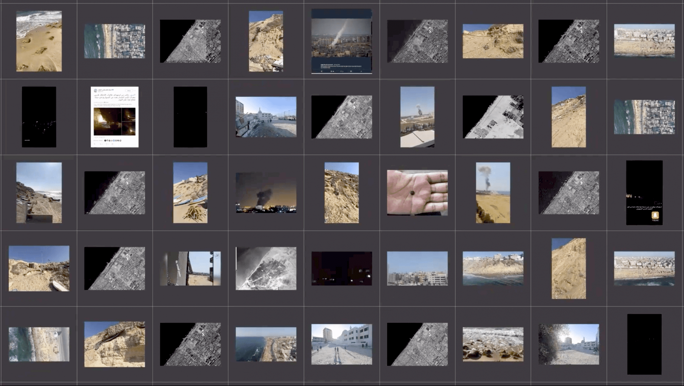 Gaza Arch_Image 5 - Fig. 11 - Media grid showing materials–including footage from site visits, social media posts, satellite images, and contemporary drone surveys–used to undertake an open source archaeology of the site. Image: Forensic Architecture, 2022