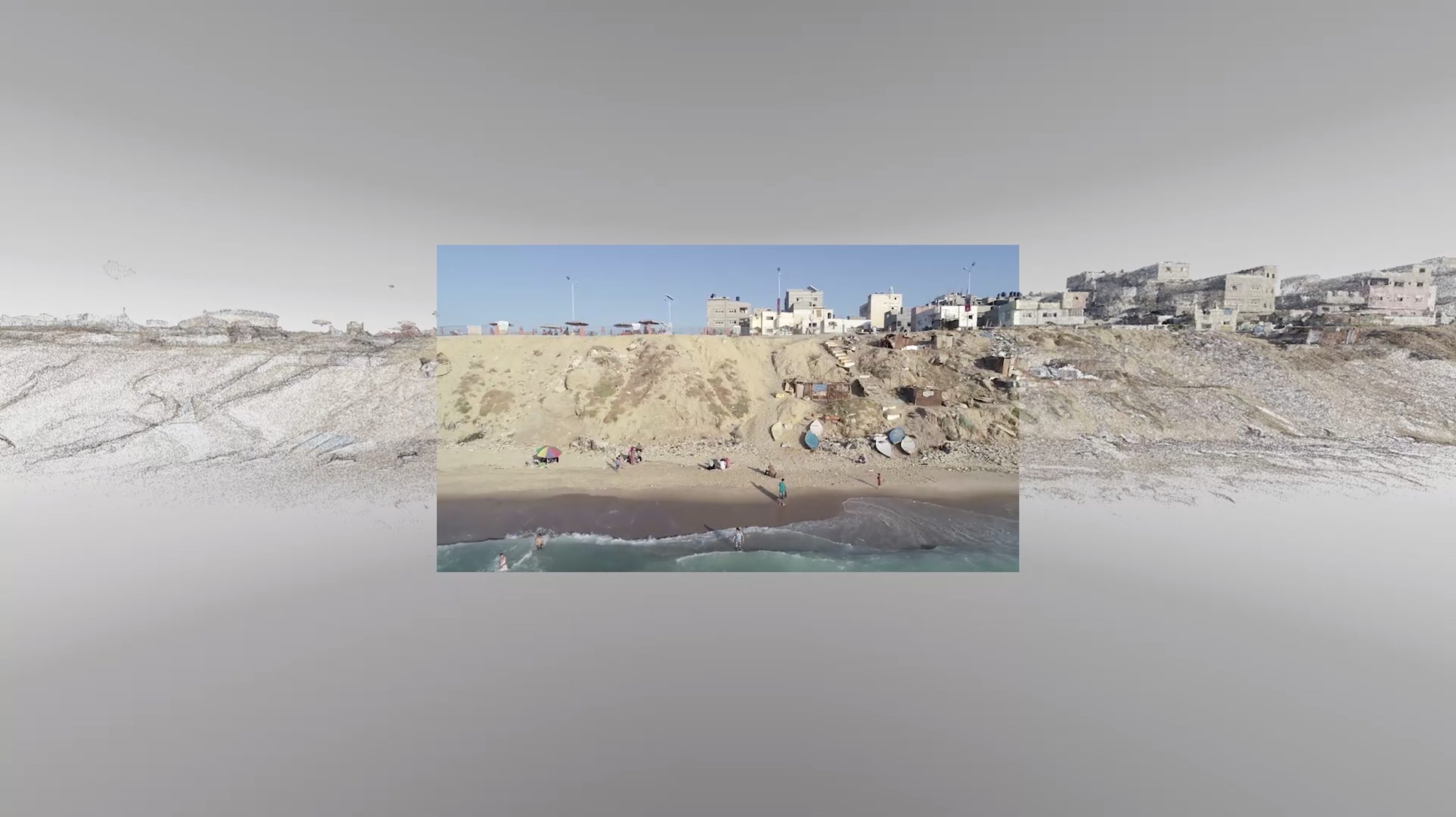  - Fig. 17: Drone footage of the Gaza coast is used to create a point-cloud. External image source: Ain Media Gaza, 2018. (Forensic Architecture, 2022)