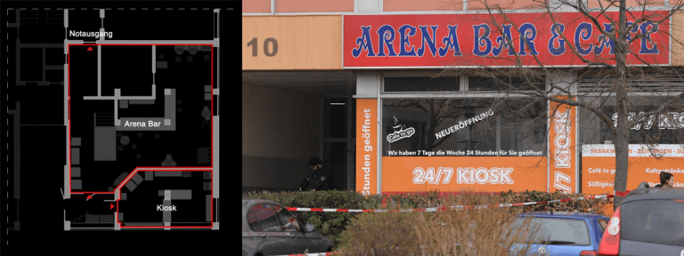 Arena Bar plan and photograph - A plan of the Arena Bar in Hanau-Kesselstadt, next to a photograph of the bar. (Forensic Architecture and FORENSIS; dpa, Boris Roessler, wst)