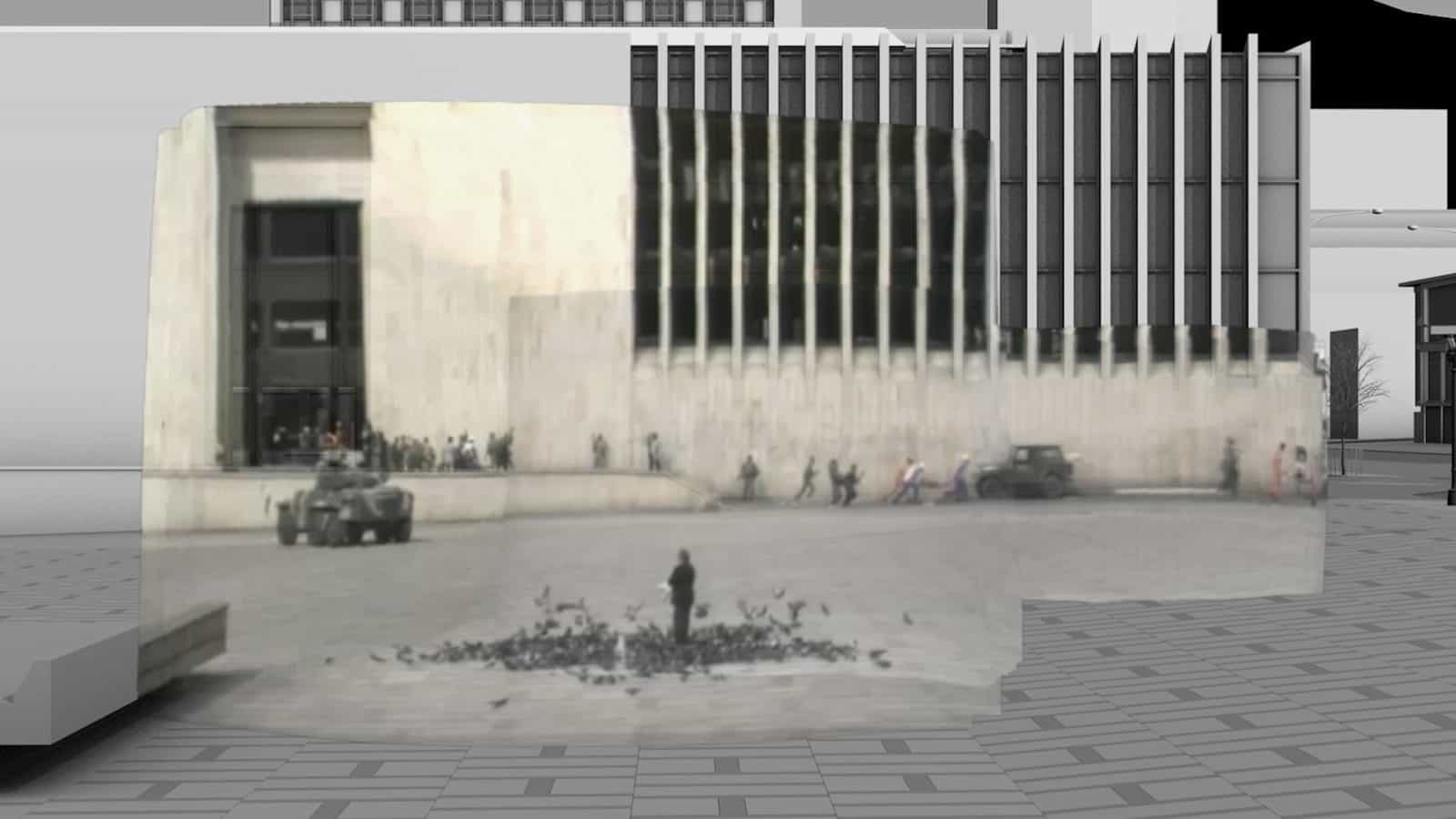 Cajas Negras – Image 3 - A stabilised video showing the disappeared exiting the Palacio de Justicia / Video estabilizado que muestra a los desaparecidos saliendo del Palacio de Justicia, Cajas Negras (2021), Forensic Architecture