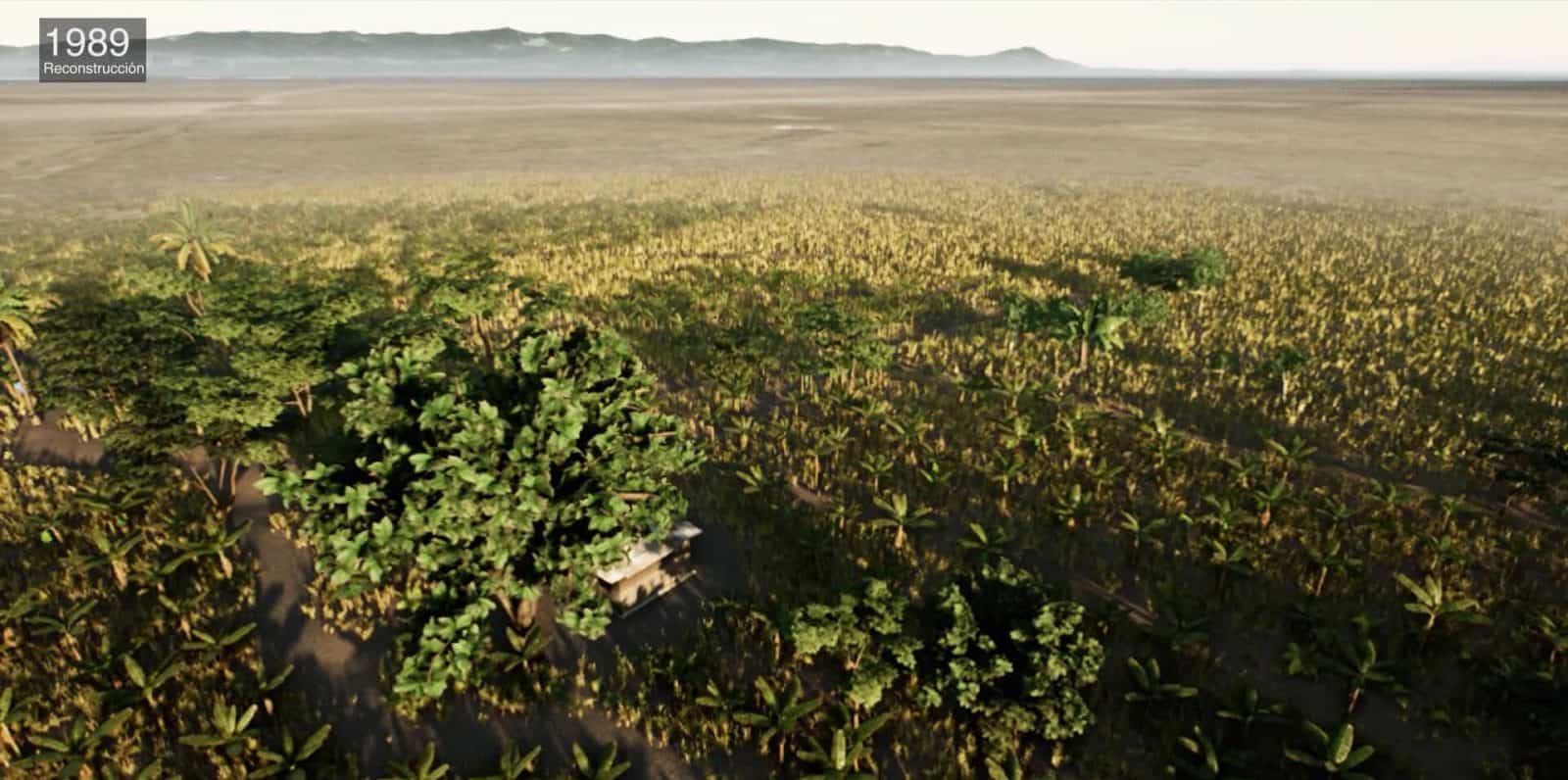 Coquitos – Image 1 - Reconstruction of a campesino farm in Coquitos, Urabá, Antioquia for the project based on the methodology of situated testimony using the Unreal Engine platform. Detail of farm from 1989. (Forensic Architecture and The Commission for Truth and Reconciliation, 2021)