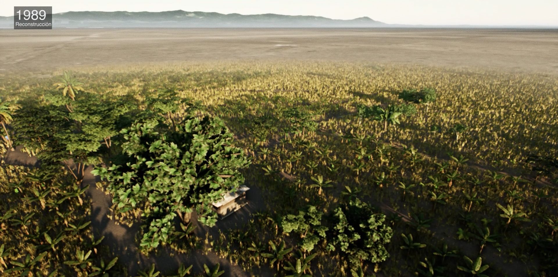  - Reconstruction of a campesino farm in Coquitos, Urabá, Antioquia for the project based on the methodology of situated testimony using the Unreal Engine platform. Detail of farm from 1989. (Forensic Architecture and The Commission for Truth and Reconciliation, 2021)