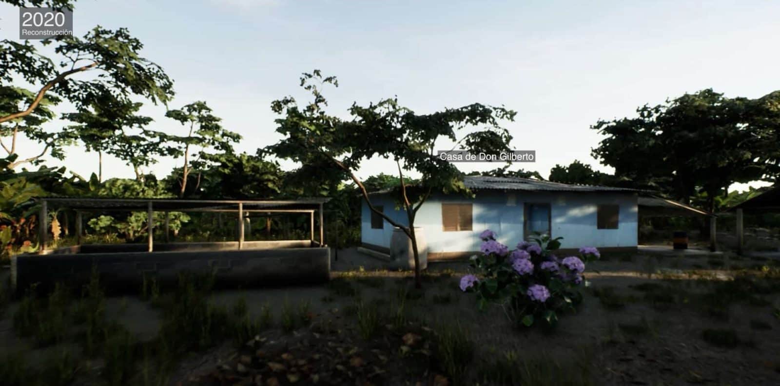  - Reconstruction of a campesino farm in Coquitos, Urabá, Antioquia based on the methodology of situated testimony, using the Unreal Engine platform. Detail from of the house from 2020. (Forensic Architecture and The Commission for Truth and Reconciliation, 2021)