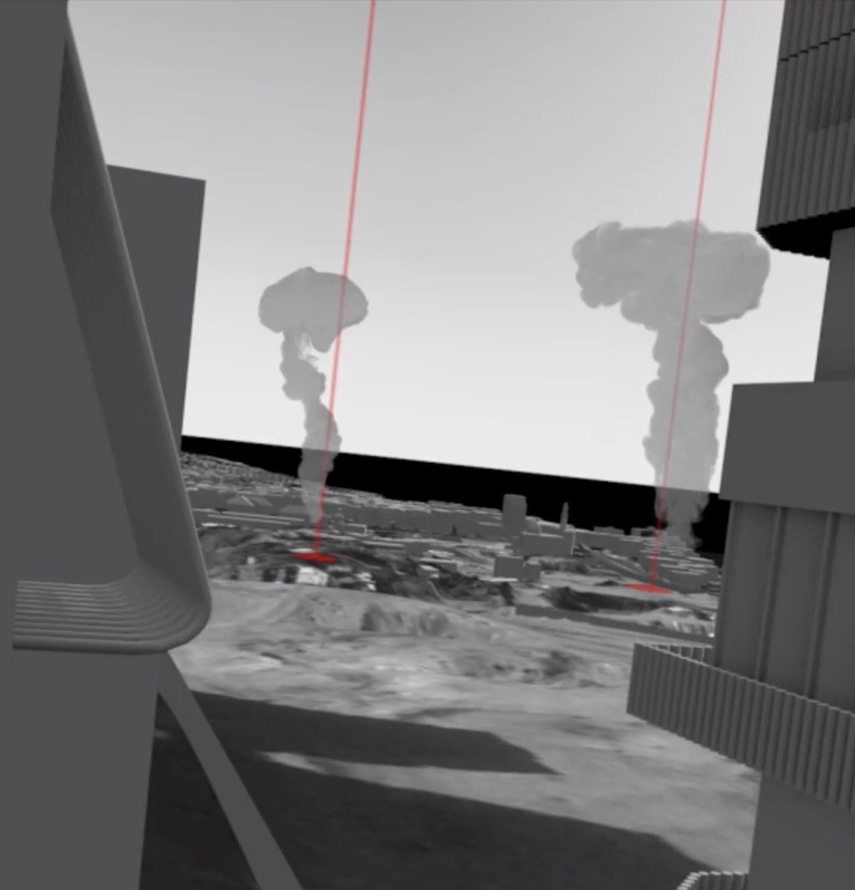  - Fig. 20: Bomb clouds captured in the smartphone footage (fig. 19) are situated within a 3D model of the archaeological site and its surroundings. (Forensic Architecture, 2022)