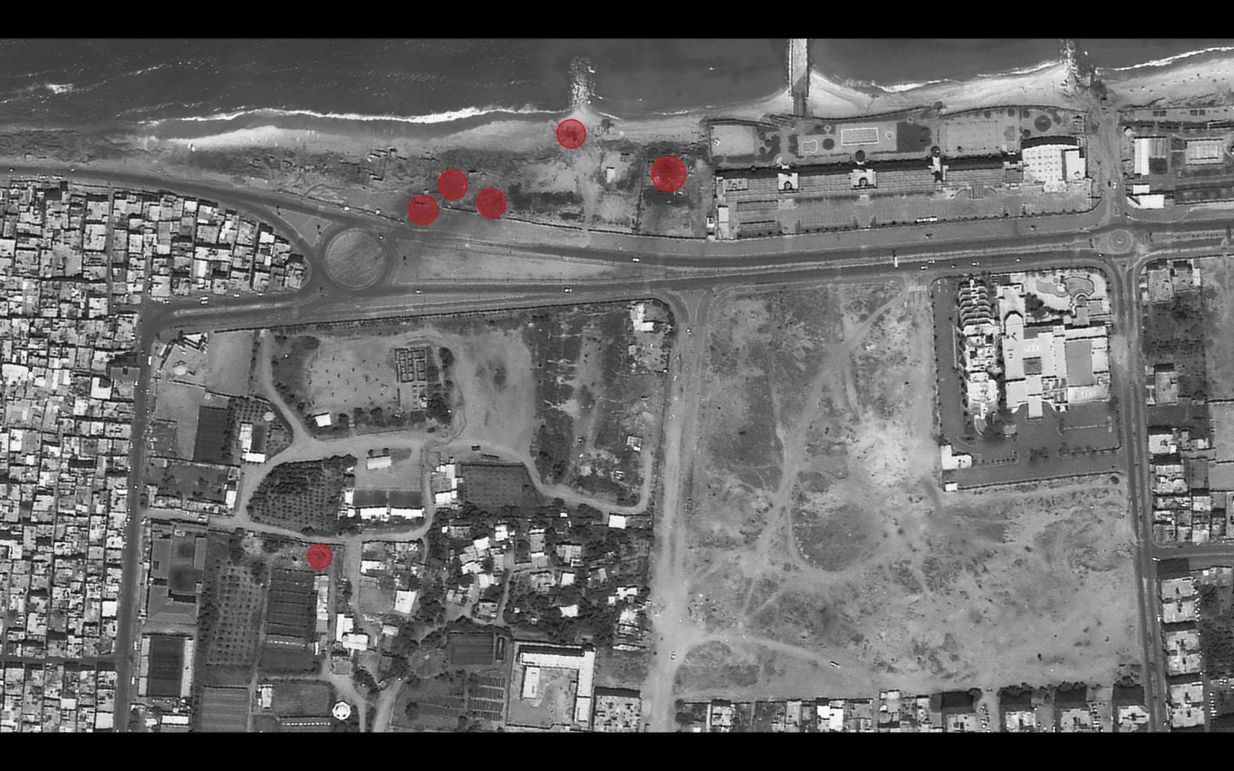  - Fig. 24: Analysis of a 2021 satellite image (red circles indicate bomb craters or other evidence of damage). Satellite image: Soar.Earth. (Forensic Architecture, 2022)
