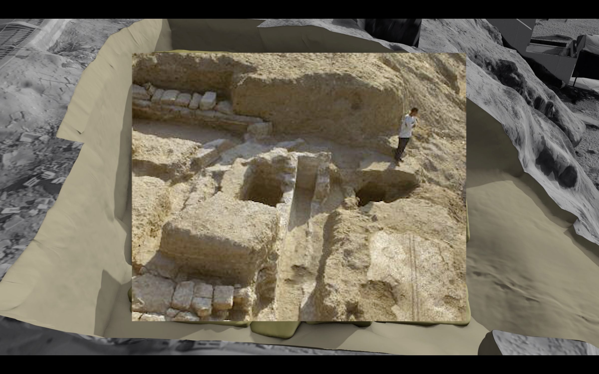  - Fig. 26: An image of the mosaic pavement and basin of the Roman fountain, situated within a 3D model of the archaeological site. External image source: École Biblique, Mission Archéologique de Gaza: Coopération Franco-Palestinienne 1995-2005, p. 187, fig. 87. (Forensic Architecture, 2022)