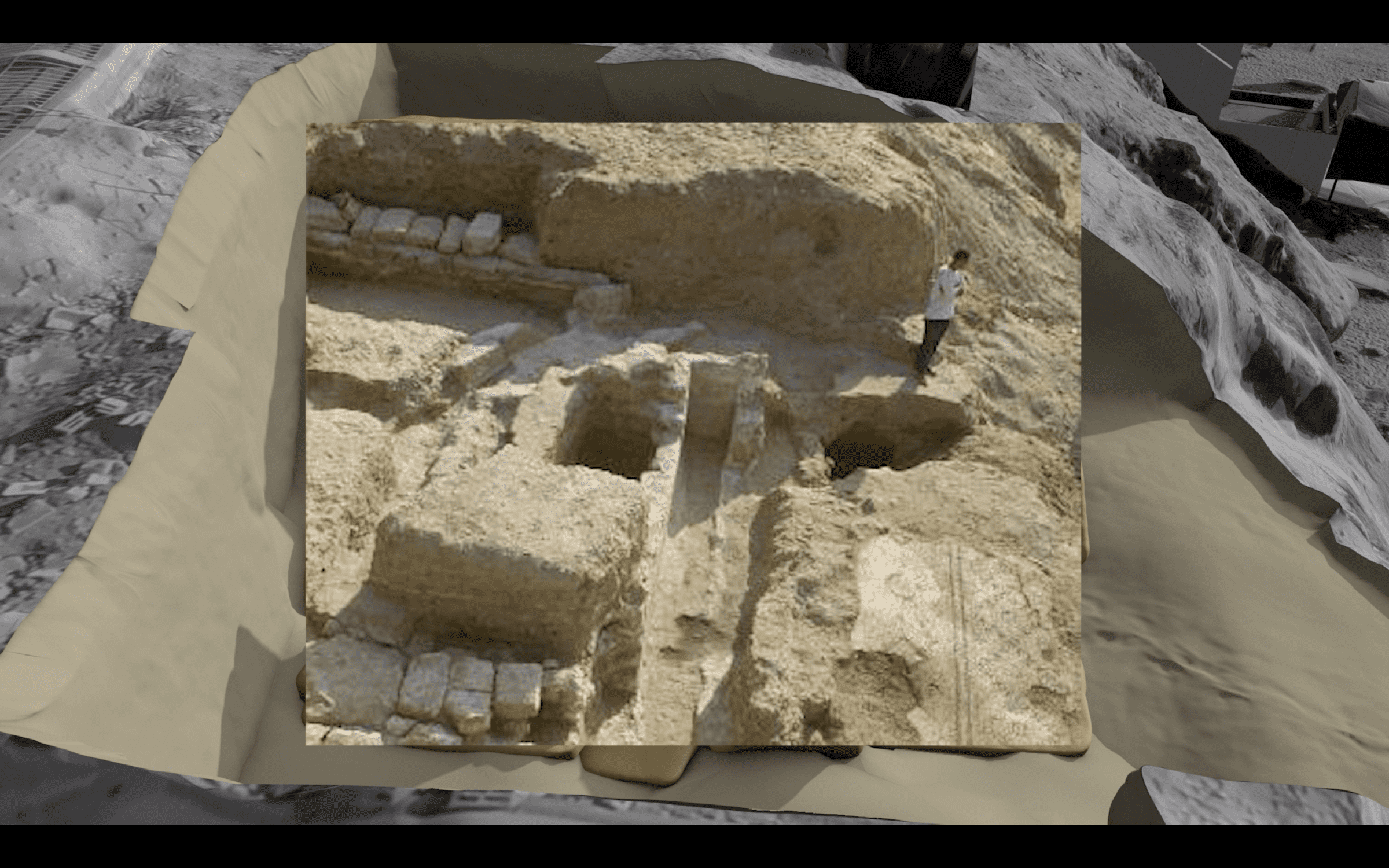 Gaza Arch_Image 18.1_w fig 87 - Fig. 26 - The mosaic pavement and the basin of the Roman fountain. Image: Forensic Architecture, 2022, with photo by École Biblique, Mission Archéologique de Gaza: Coopération Franco-Palestinienne 1995-2005, p. 187, fig. 87.