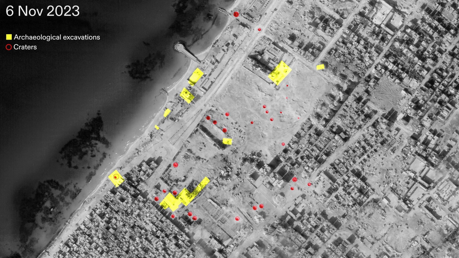  - Fig. 28: Annotated satellite image from 6 November 2023 indicating the location of craters (red) and excavated archaeological sites (yellow). Satellite Image: Planet Labs PBC, 2023. (Forensic Architecture, 2023)
