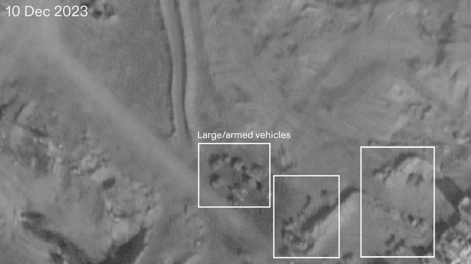  - Fig. 29. Satellite image from 10 December 2023 of large/armed vehicles. Image: © Forensic Architecture, 2023. Satelite image: ©️ Planet Labs PBC, 2023.
