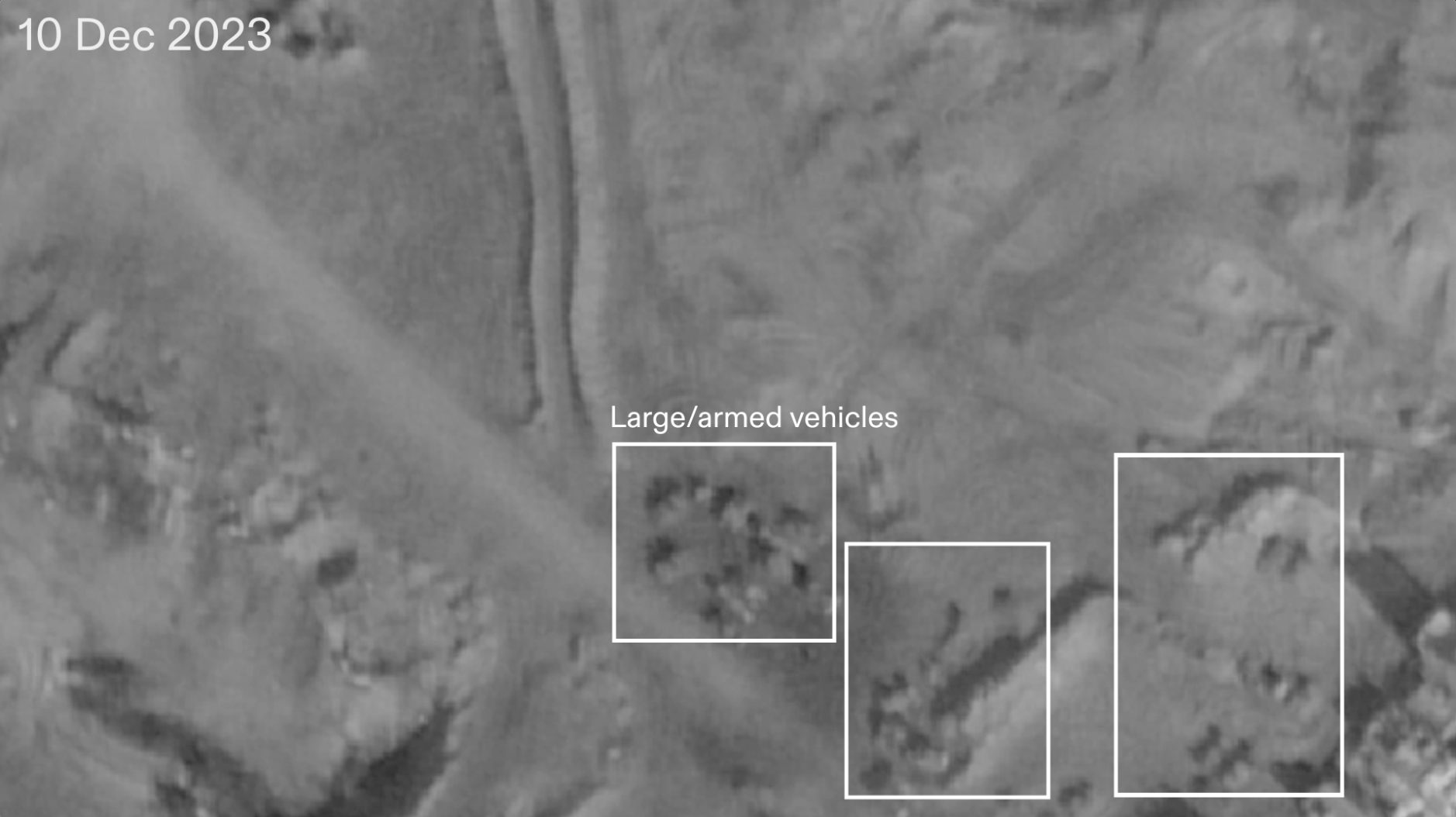  - Fig. 29: Annotated satellite image from 10 December 2023 of large/armed vehicles. Satellite image: Planet Labs PBC, 2023. (Forensic Architecture, 2023)