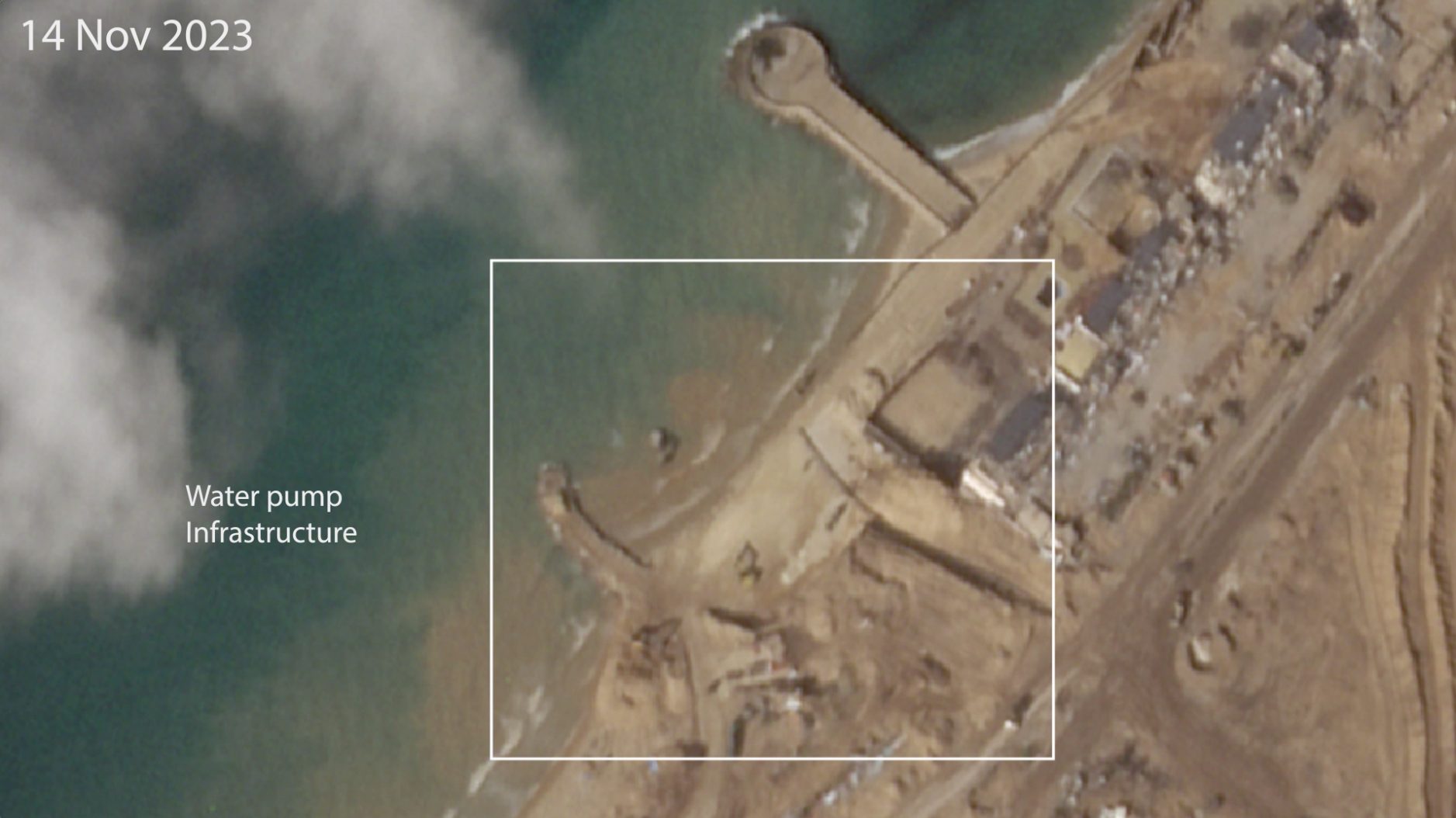  - Fig. 31: Annotated satellite image from 14 November 2023 of water pump infrastructure. Satellite image: Planet Labs PBC, 2023. (Forensic Architecture, 2023)