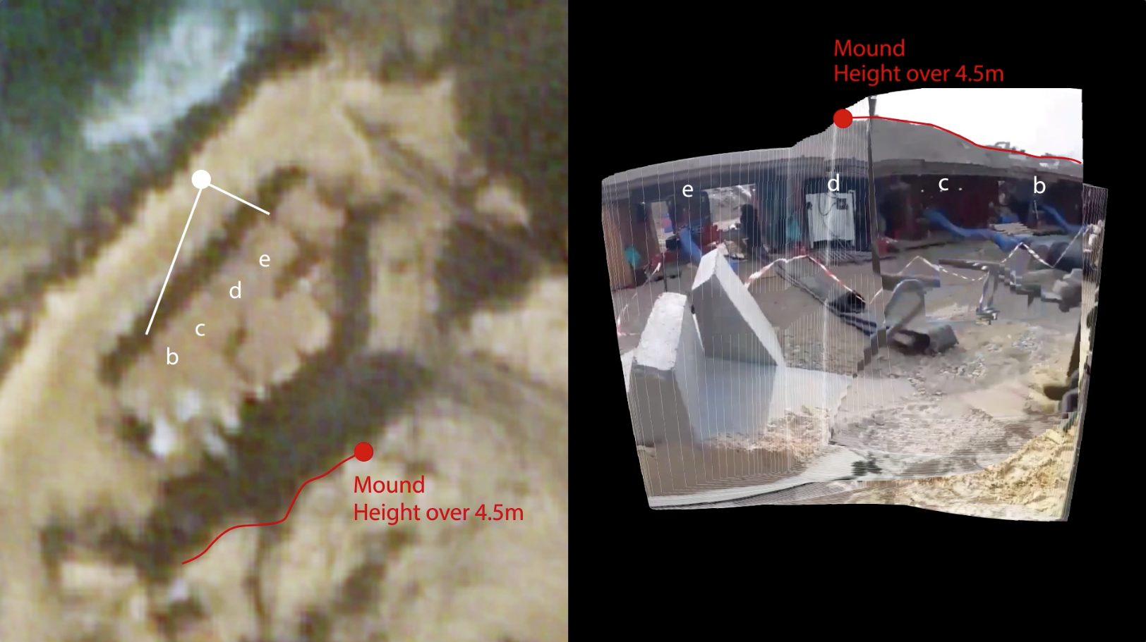  - Fig. 32: Left: Annotated satellite image of an earth mound from 10 December 2023. Satellite image: Planet Labs PBC, 2023. Right: Geolocated video of pipe system and earth mound posted by IOF on 6 December 2023. (Forensic Architecture, 2023.)