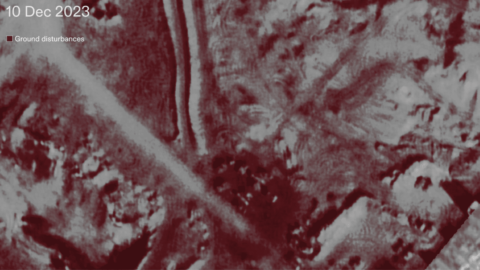 - Fig. 30. Satellite image from 10 December 2023 analysed using remote sensing to register ground disturbances. Darker red indicates greater changes in terrain. Image: © Forensic Architecture, 2023. Satellite image: ©️ Planet Labs PBC, 2023.