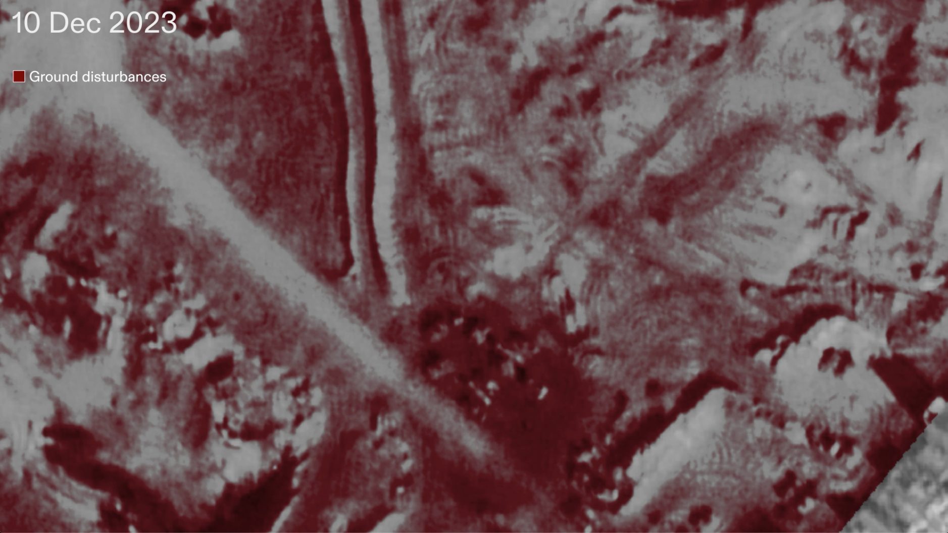  - Fig. 30: Annotated satellite image from 10 December 2023 analysed using remote sensing to register ground disturbances. Darker red indicates greater changes in terrain. Satellite image: Planet Labs PBC, 2023. (Forensic Architecture, 2023)
