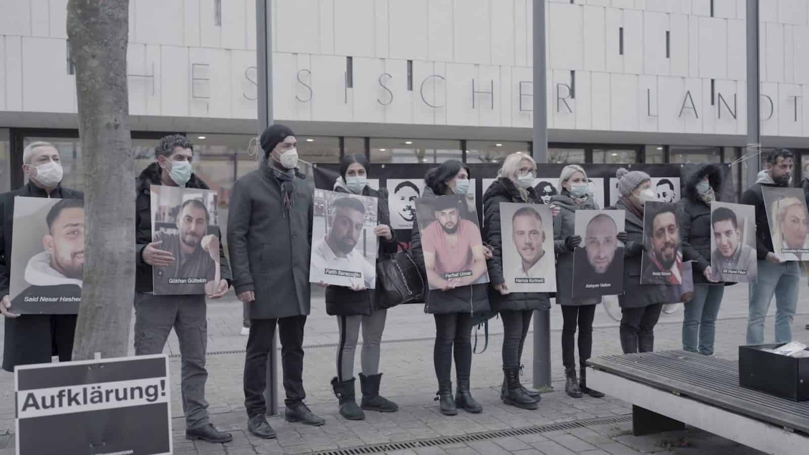 Bereaved family members outside the Hessen Parliament - Bereaved family members gather outside the Hessen Parliament in Wiesbaden. (Marcin Wierzchowski/Milk and Water)