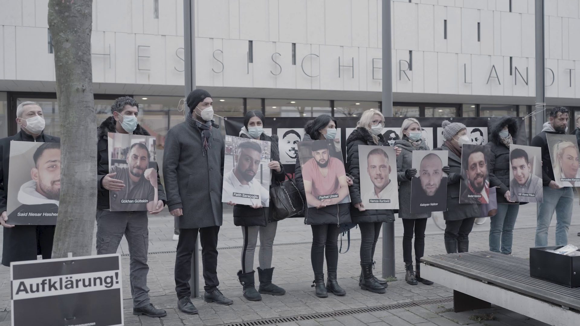 Bereaved family members outside the Hessen Parliament - Bereaved family members gather outside the Hessen Parliament in Wiesbaden. (Marcin Wierzchowski/Milk and Water)