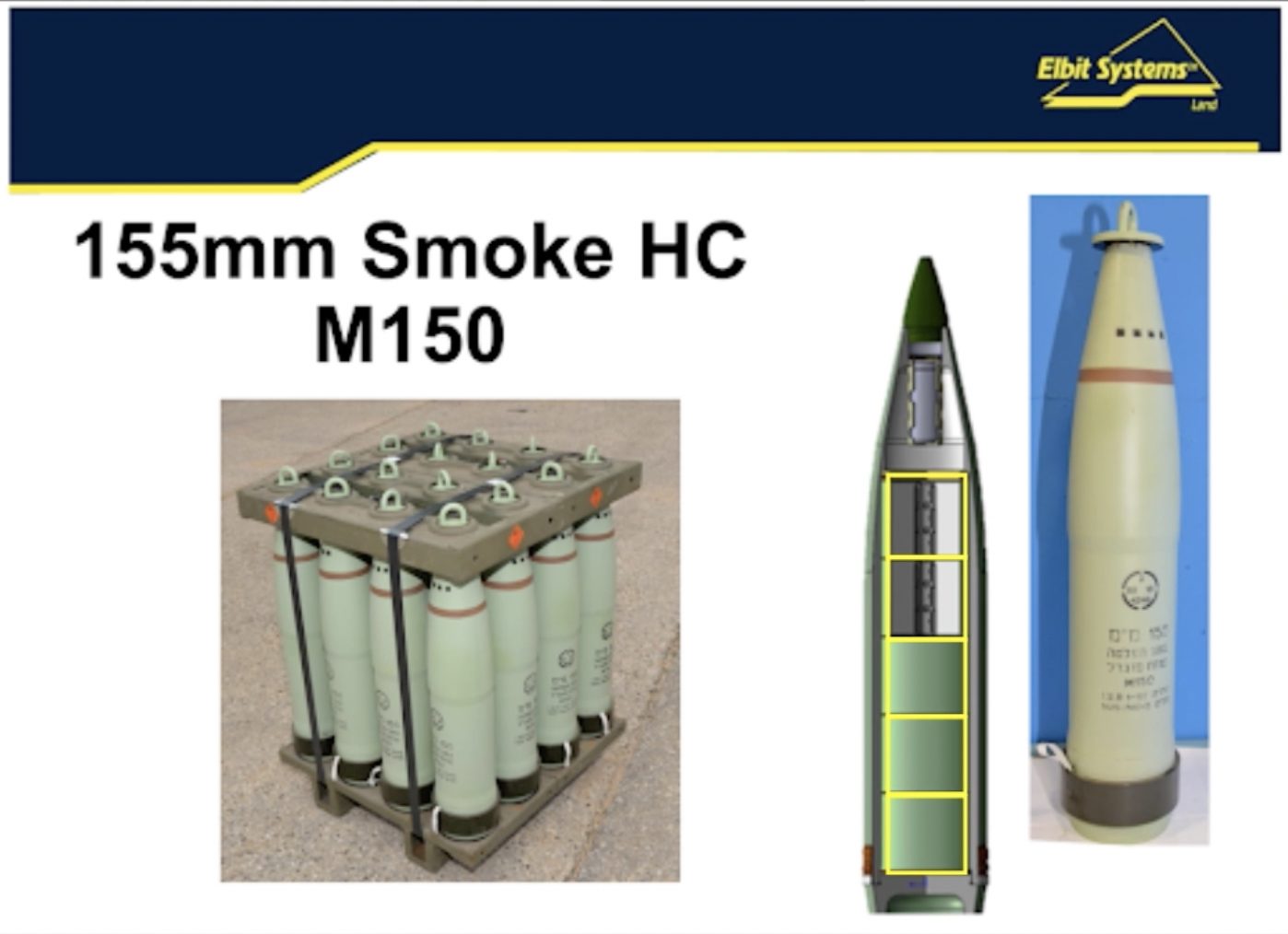 Elbit Systems – 15mm Smoke HC M50 - The canisters found at the site match the M150 Smoke HC 155mm ammunition developed by the Israeli weapons manufacturer Elbit Systems. These are ‘advanced smoke projectiles’ featuring a new type of shell designed to splinter into five separate canisters (highlighted here), all of which emit high-density smoke.