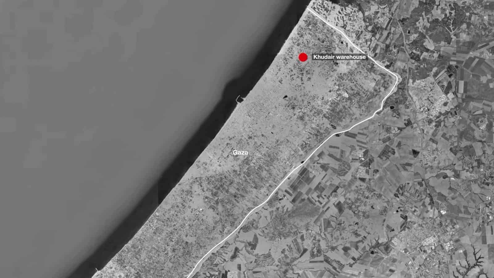 Khudair Warehouse – Aerial Map - Located in Beit Lahiya, the Khudair Warehouse stores roughly 50% of all vital agricultural chemicals used in the besieged strip. (Al-Haq and Forensic Architecture)