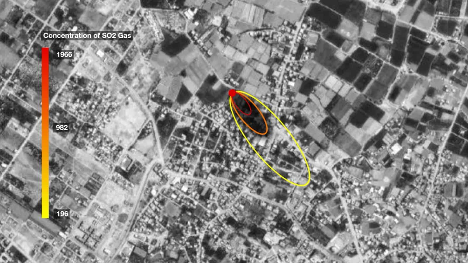 Mapping the Concentration of SO2 Gas - Fluid dynamics expert Dr. Salvador Navarro-Martinez worked with us to measure the concentration and spread of the hazardous chemicals stored in the warehouse and found that the air concentration of some of the chemicals crossed Acute Emergency Levels (AEGL). Areas hundreds of metres away from the warehouse had sulphur dioxide and phosphorus pentoxide concentrations of above AEGL-2, indicating a high risk of ‘irreversible damage’ to human health. (Al-Haq and Forensic Architecture)