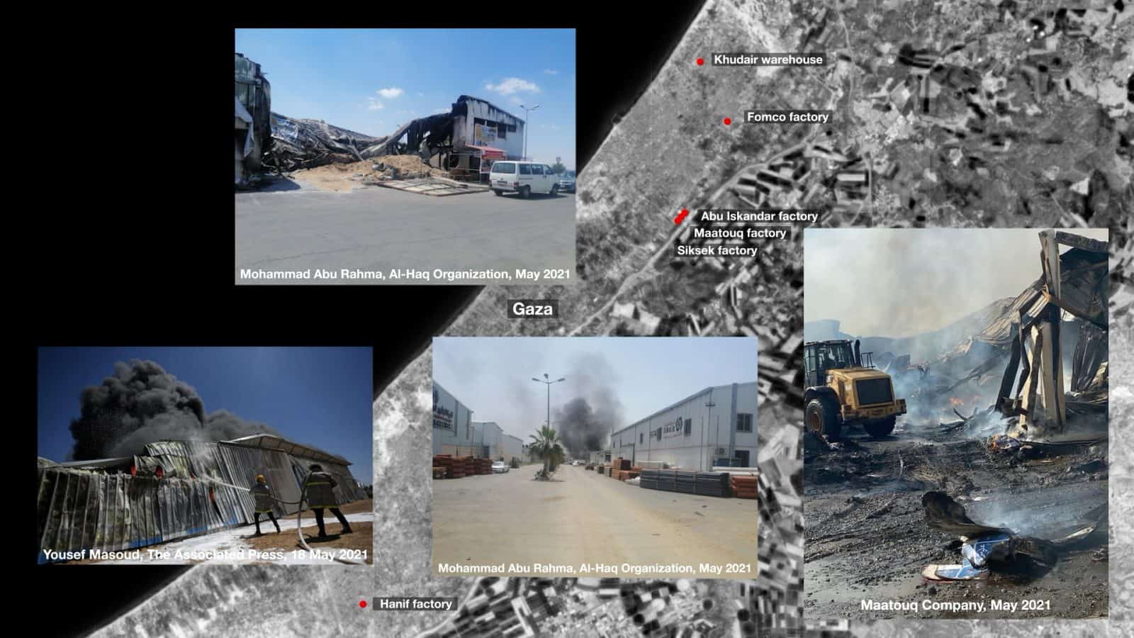 Patterns of Violence - On 17 May, two days after the Khudair Warehouse was destroyed, the Fomco Sponge Factory near Jabaliya camp was attacked in a similar manner, causing a large-scale fire. On the same day, over half a dozen other factories and warehouses, located in the industrial zone east of Gaza’s Shejaiyyeh neighborhood, were also bombed, revealing a pattern of targeted strikes. (Al-Haq and Forensic Architecture)