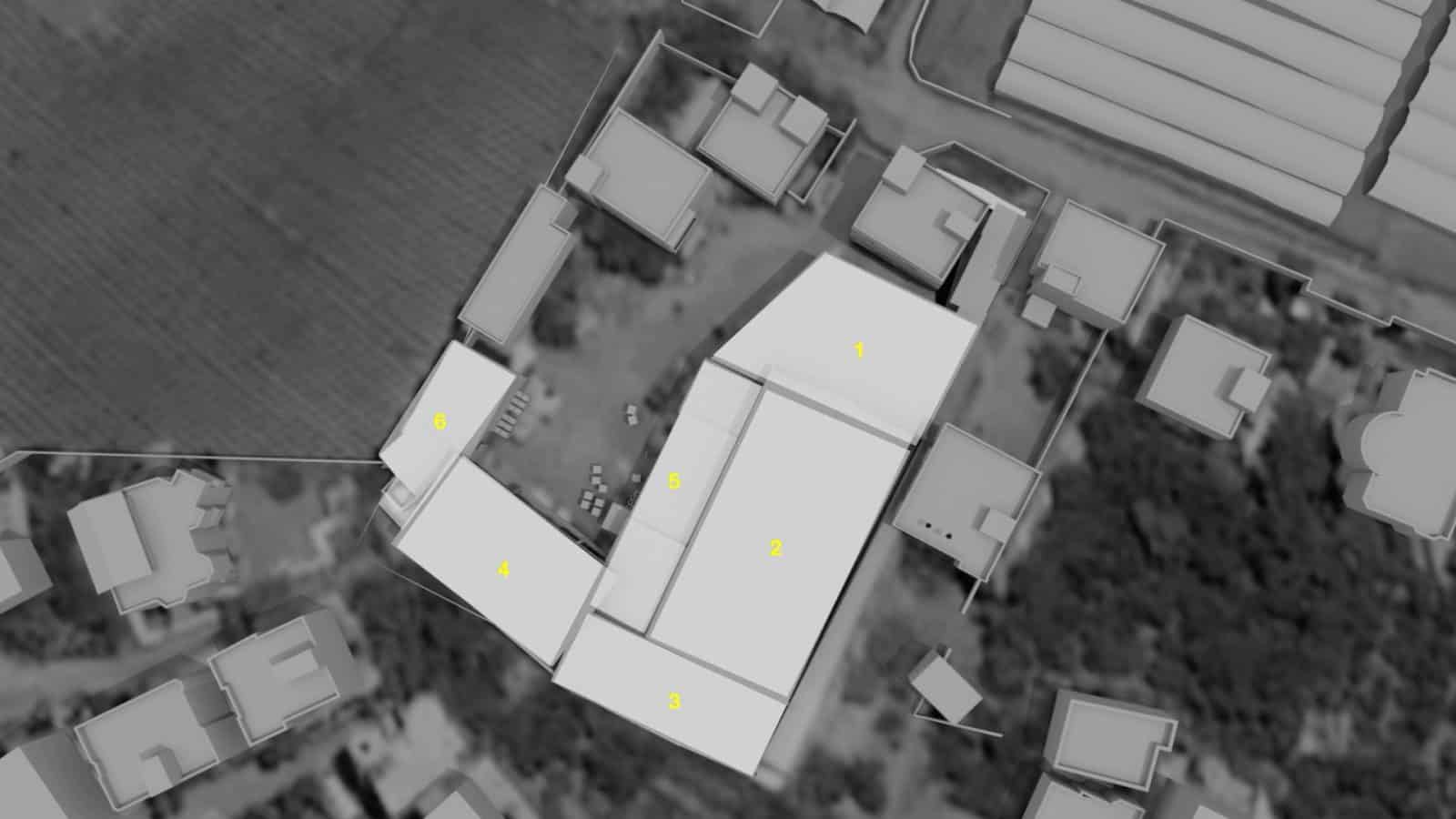 Model – Warehouse Rooms - Modelled here, the Khudair Warehouse is composed of six rooms totaling 2,700 square meters and is surrounded by Palestinian homes and agricultural fields. (Al-Haq and Forensic Architecture)