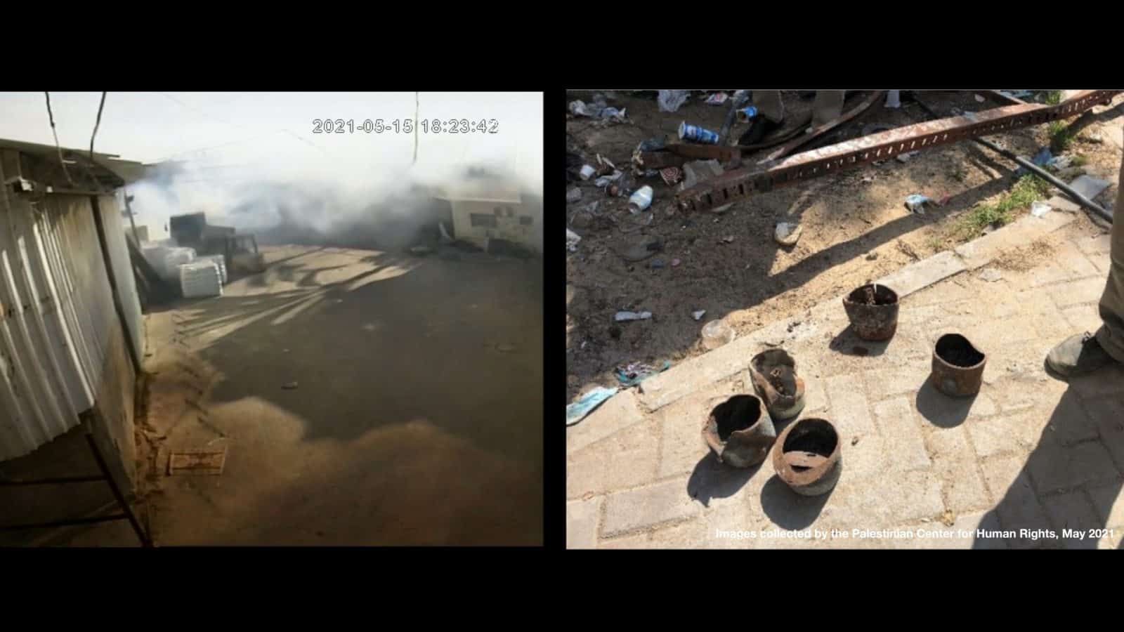 Munition – M150 Smoke HC 155mm - Photos of munition collected from the warehouse site by the Palestinian Center for Human Rights show the remains of cylindrical canisters, whose dimensions and the smoke tail they produce match the M150 Smoke HC Israeli weapons manufacturer Elbit Systems. (Al-Haq and Forensic Architecture, image courtesy of Palestinian Center for Human Rights)