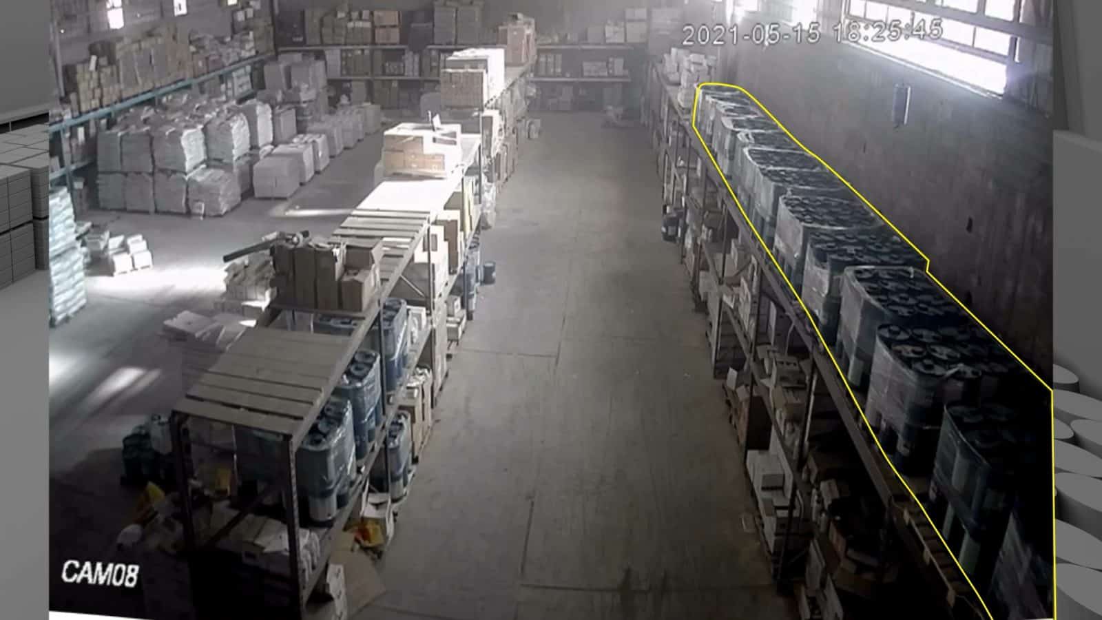 Khudair Warehouse – Room 2 - Room 2 of the warehouse contained primarily pesticides and fertilisers, including over 18,000 litres of Kontos, a highly toxic and flammable liquid insecticide—indicated here with the yellow outline. (Al-Haq and Forensic Architecture)