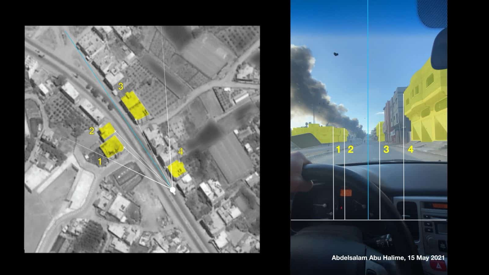 Plume Measurements - On 15 May 2021, Abu Halime filmed a thick column of black smoke rising from the Khudair Warehouse. To estimate the extent of the plume, we used meteorological data, such as wind direction, from the day of the attack, and geolocated two frames of this footage to measure its size. (Al-Haq and Forensic Architecture)